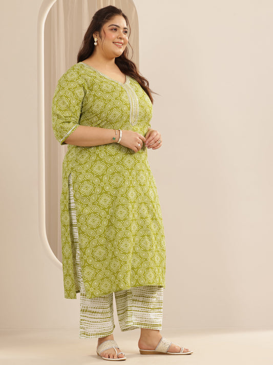 Plus Size Green Printed Cotton Straight Suit Set With Dupatta