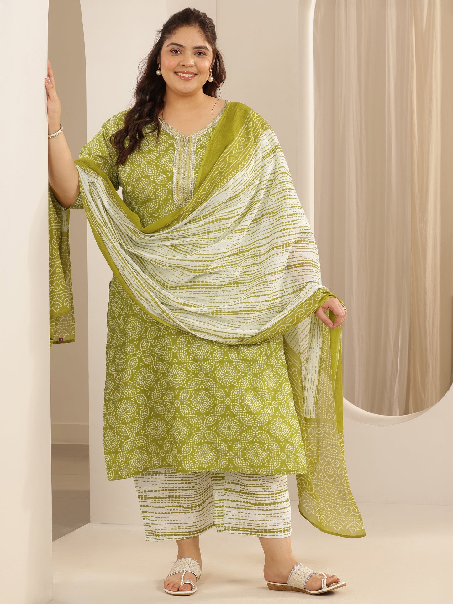 Plus Size Green Printed Cotton Straight Suit Set With Dupatta