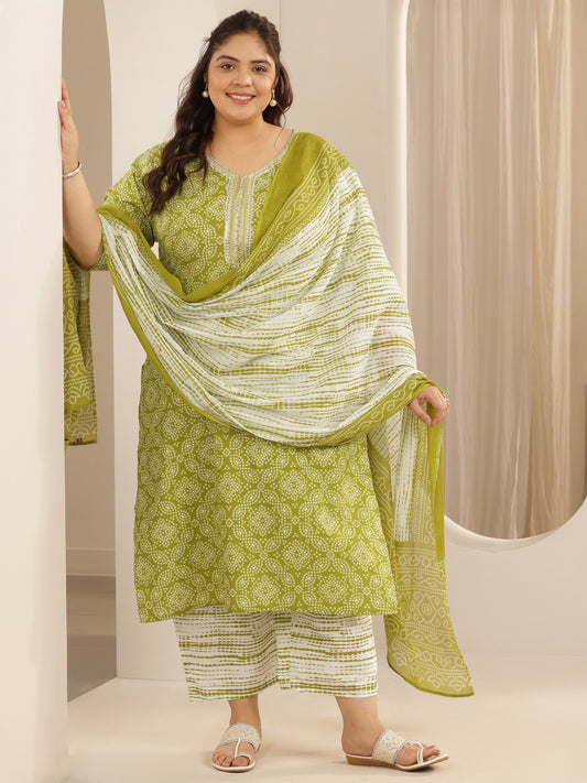 Plus Size Green Printed Cotton Straight Suit Set With Dupatta