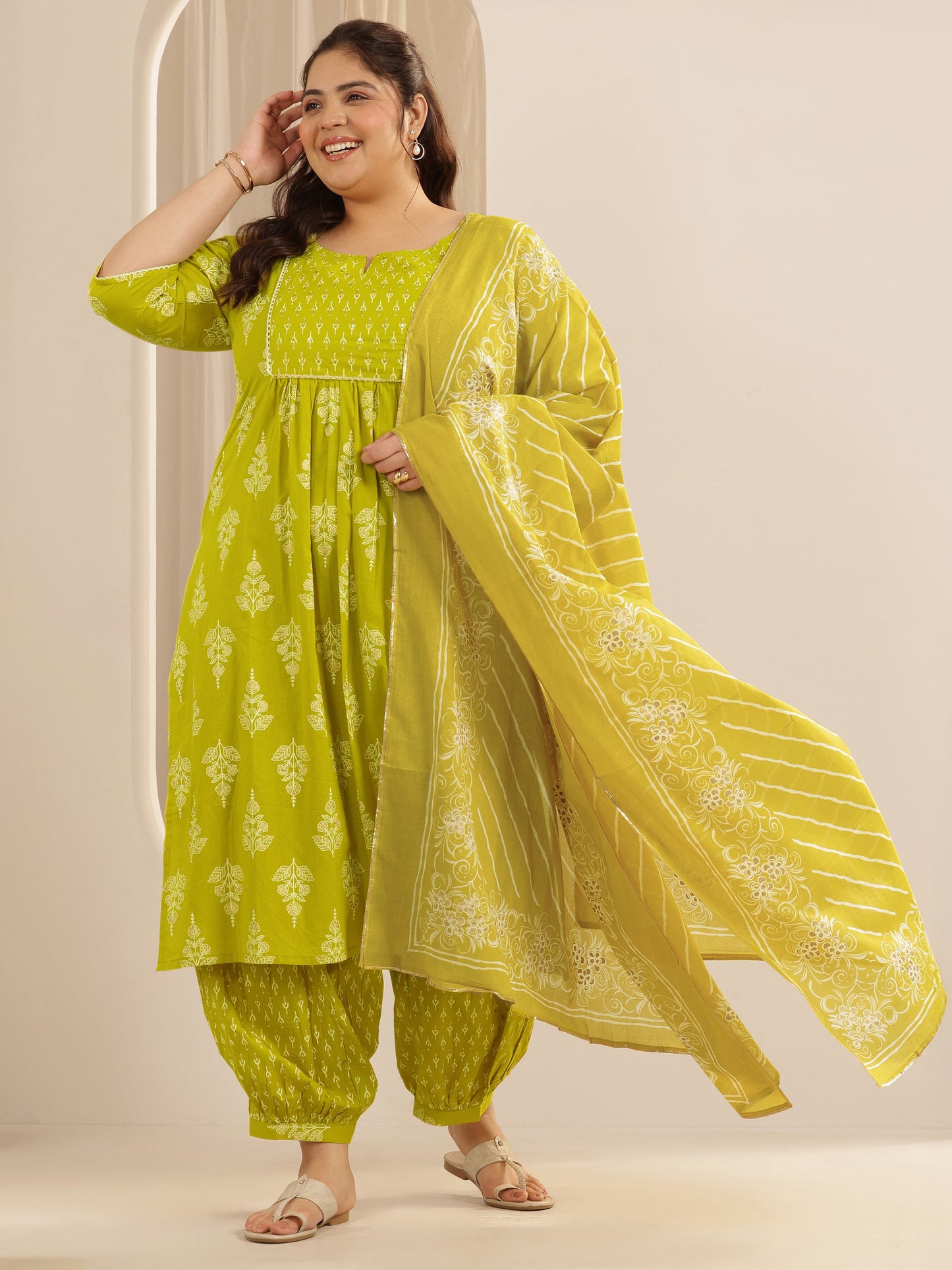 Plus Size Green Printed Cotton Straight Suit Set With Dupatta