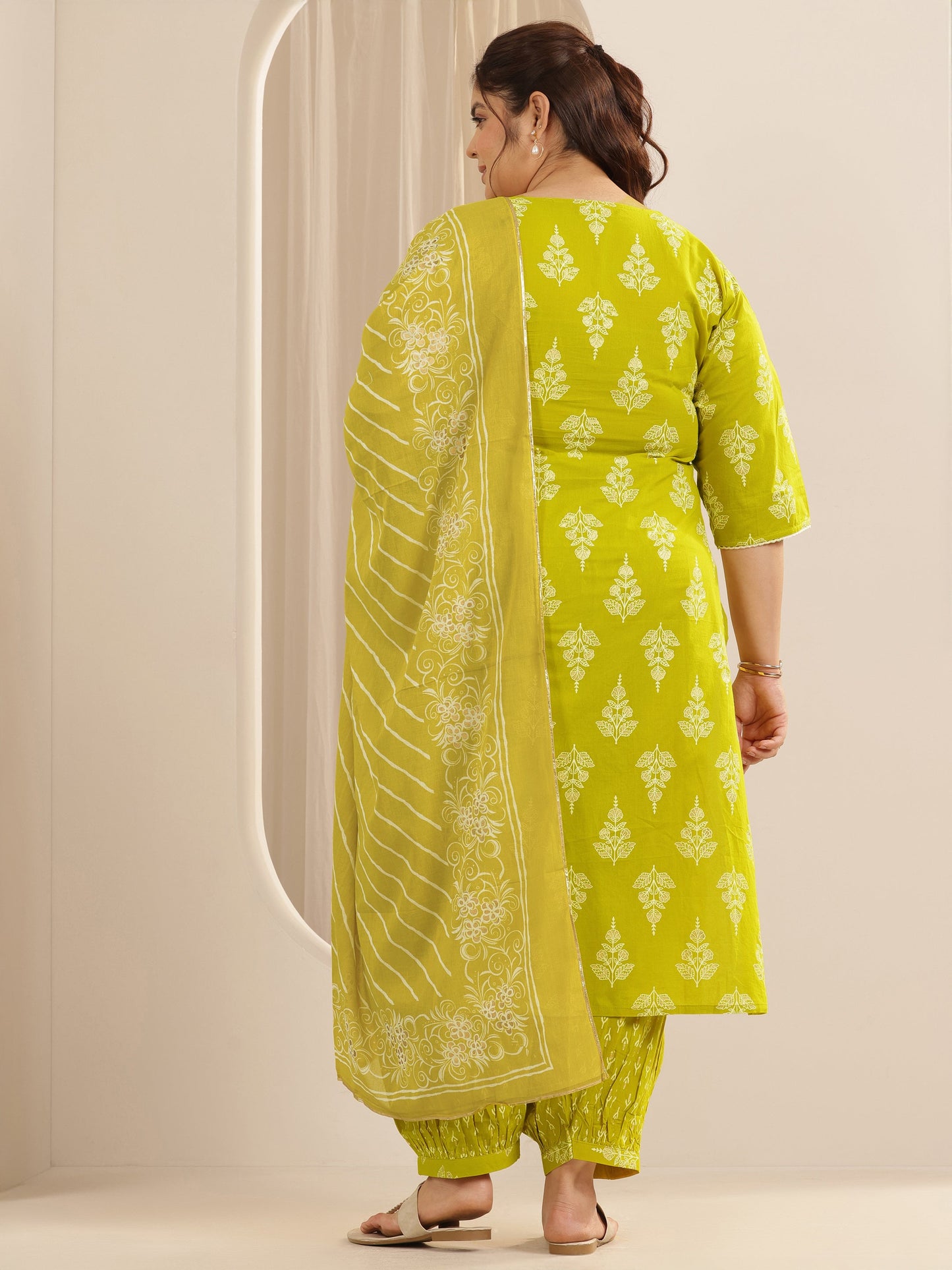 Plus Size Green Printed Cotton Straight Suit Set With Dupatta
