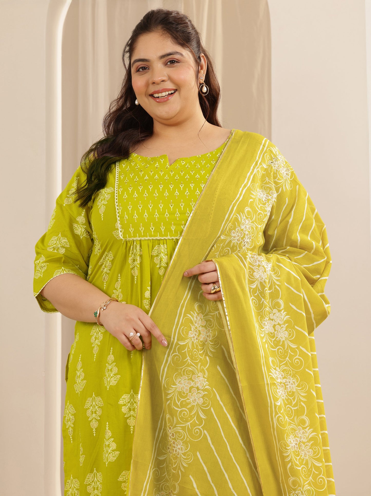Plus Size Green Printed Cotton Straight Suit Set With Dupatta