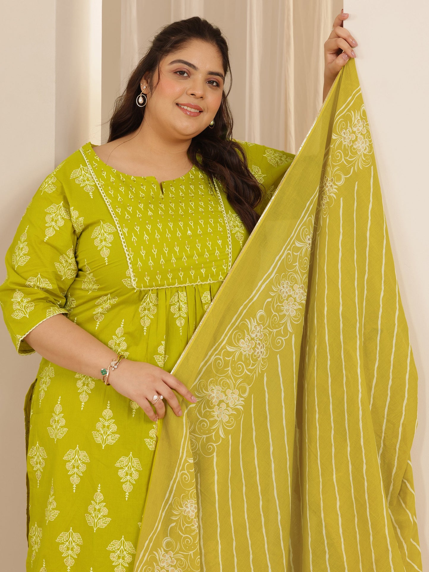 Plus Size Green Printed Cotton Straight Suit Set With Dupatta