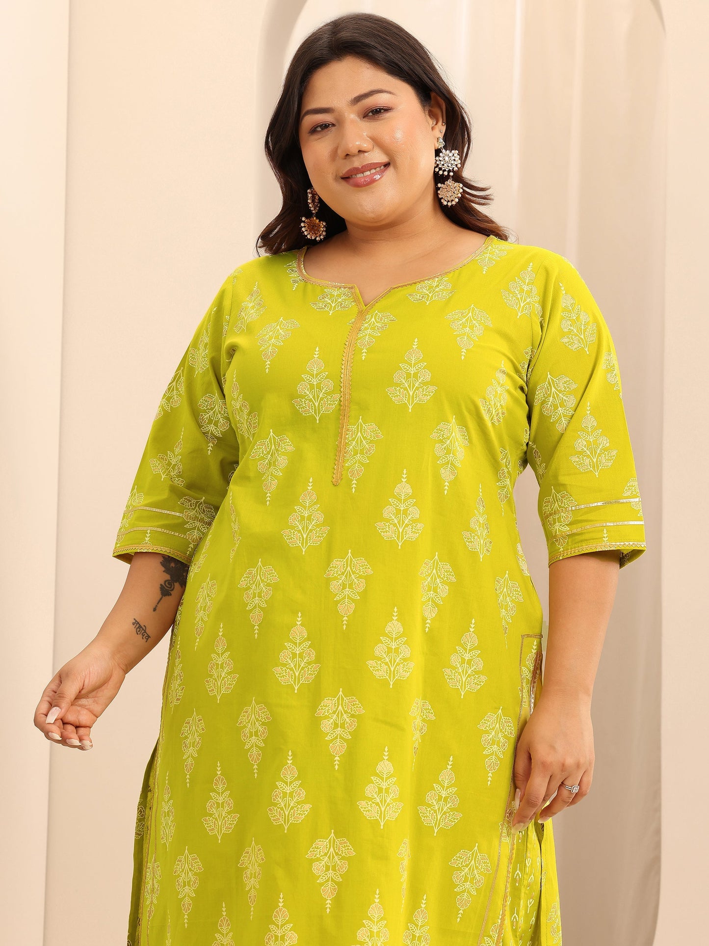 Plus Size Green Printed Cotton Straight Suit Set With Dupatta