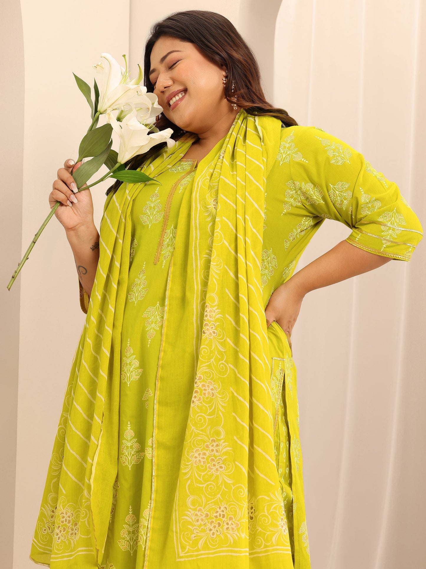 Plus Size Green Printed Cotton Straight Suit Set With Dupatta