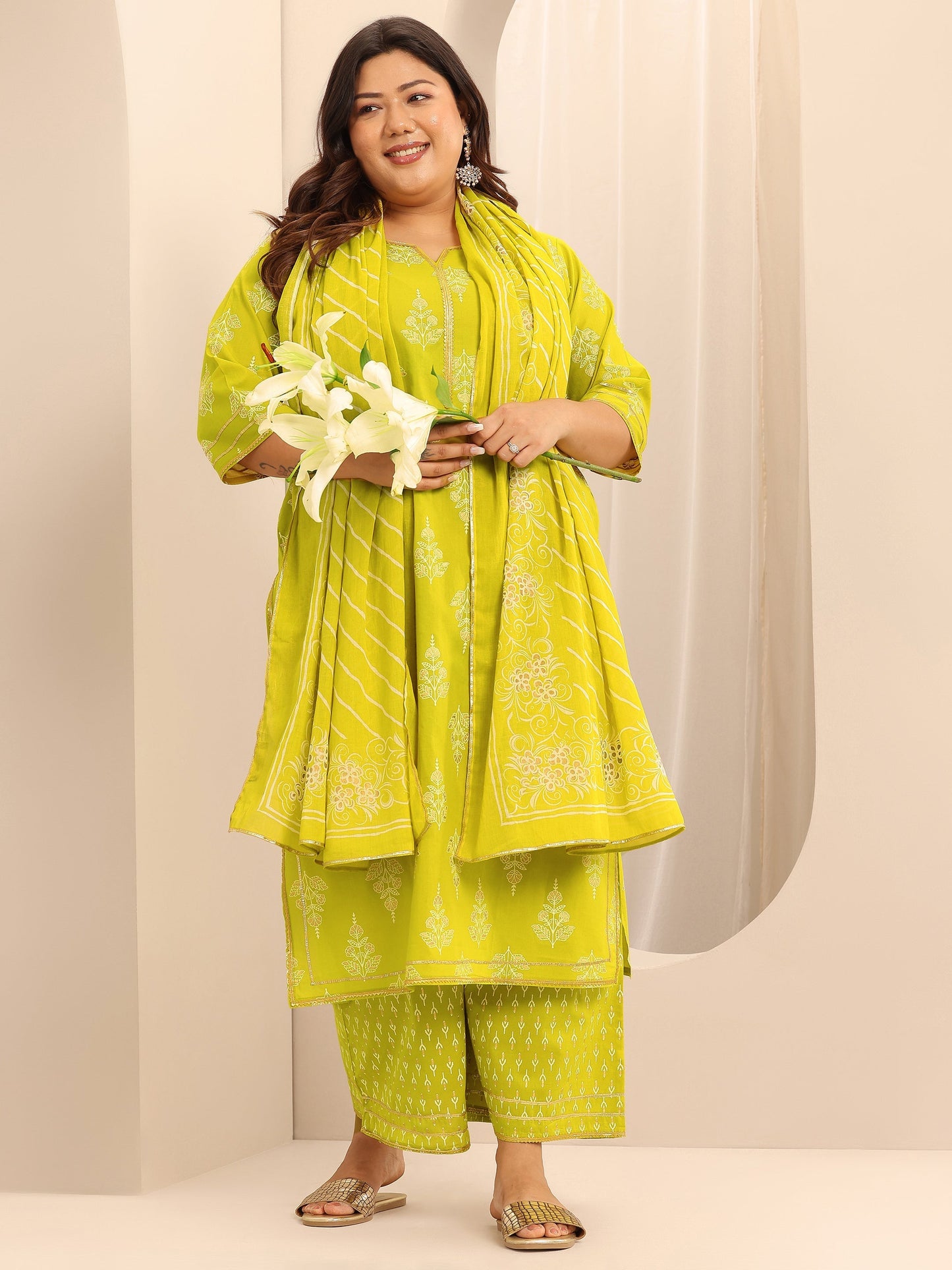 Plus Size Green Printed Cotton Straight Suit Set With Dupatta