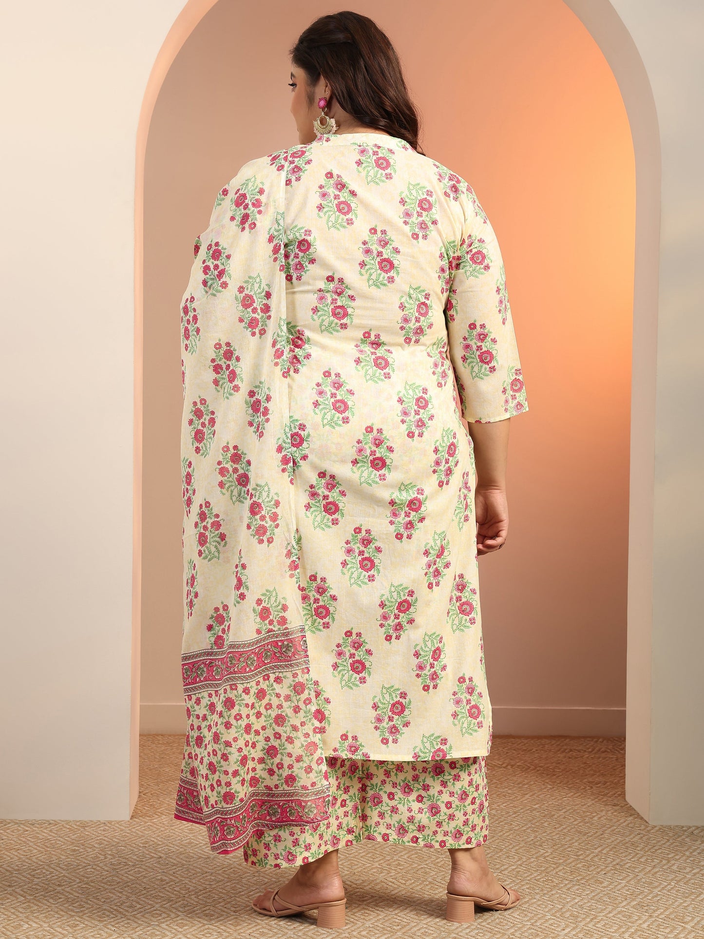 Plus Size Off white Floral Printed Cotton Straight Suit Set With Dupatta