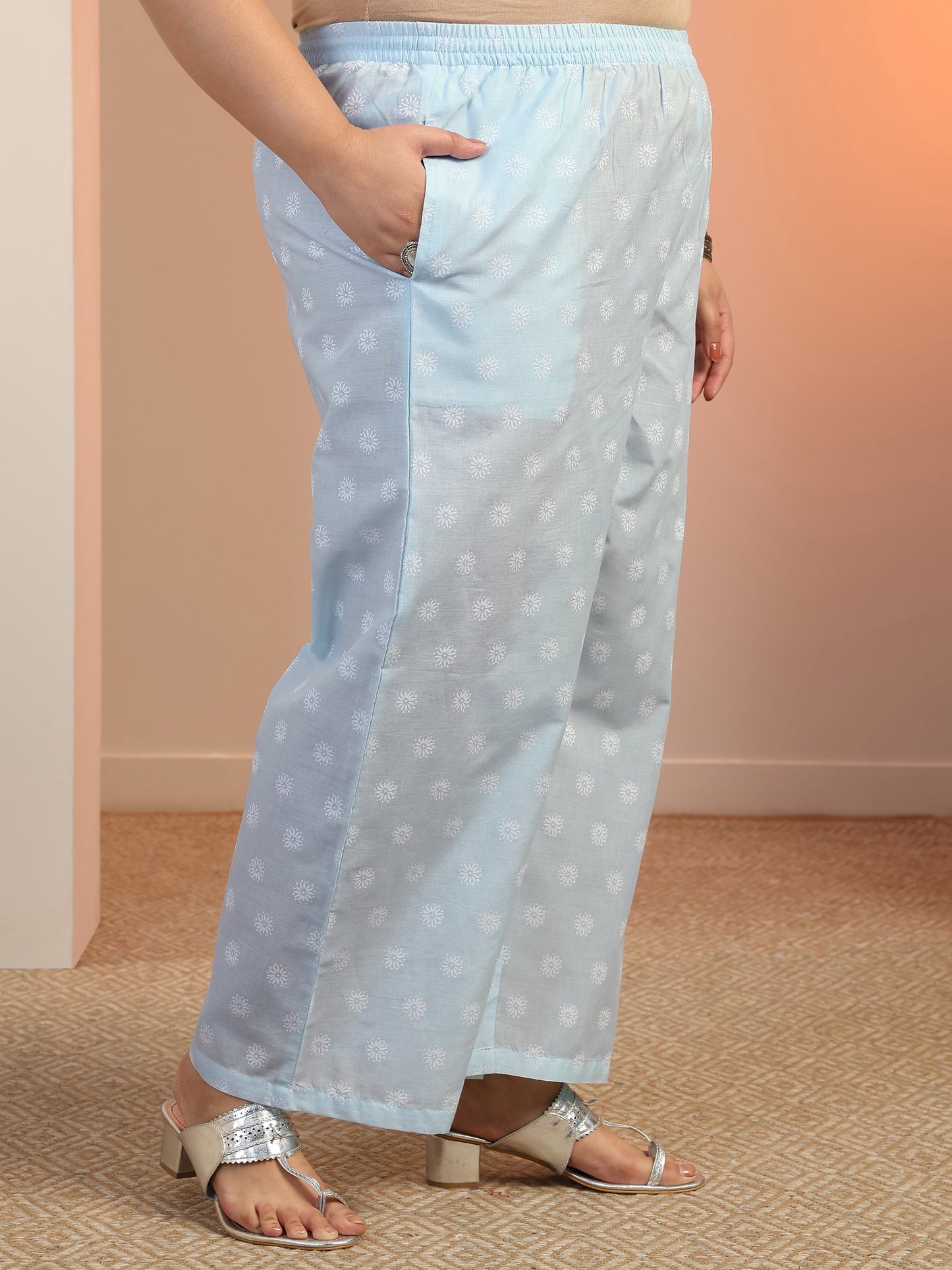 Plus Size Blue Floral Printed Cotton Straight Suit Set With Dupatta