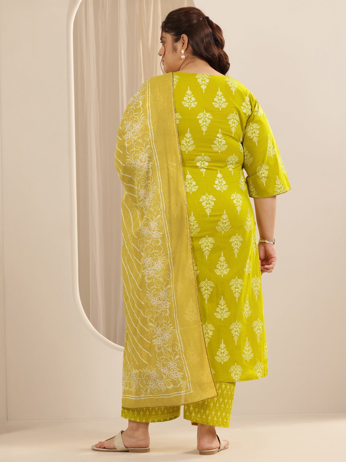 Plus Size Mustard Printed Cotton Straight Suit Set With Dupatta