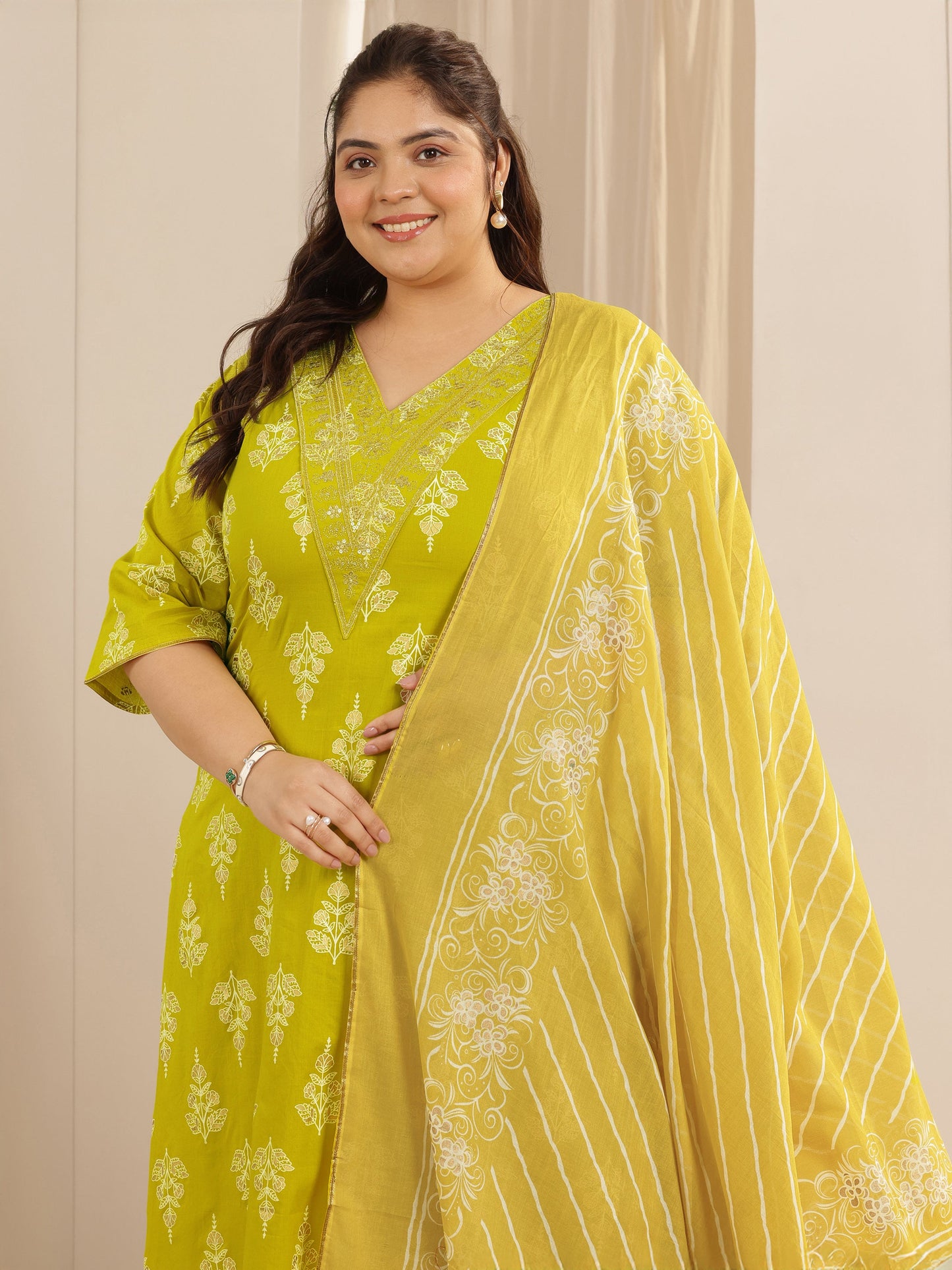 Plus Size Mustard Printed Cotton Straight Suit Set With Dupatta