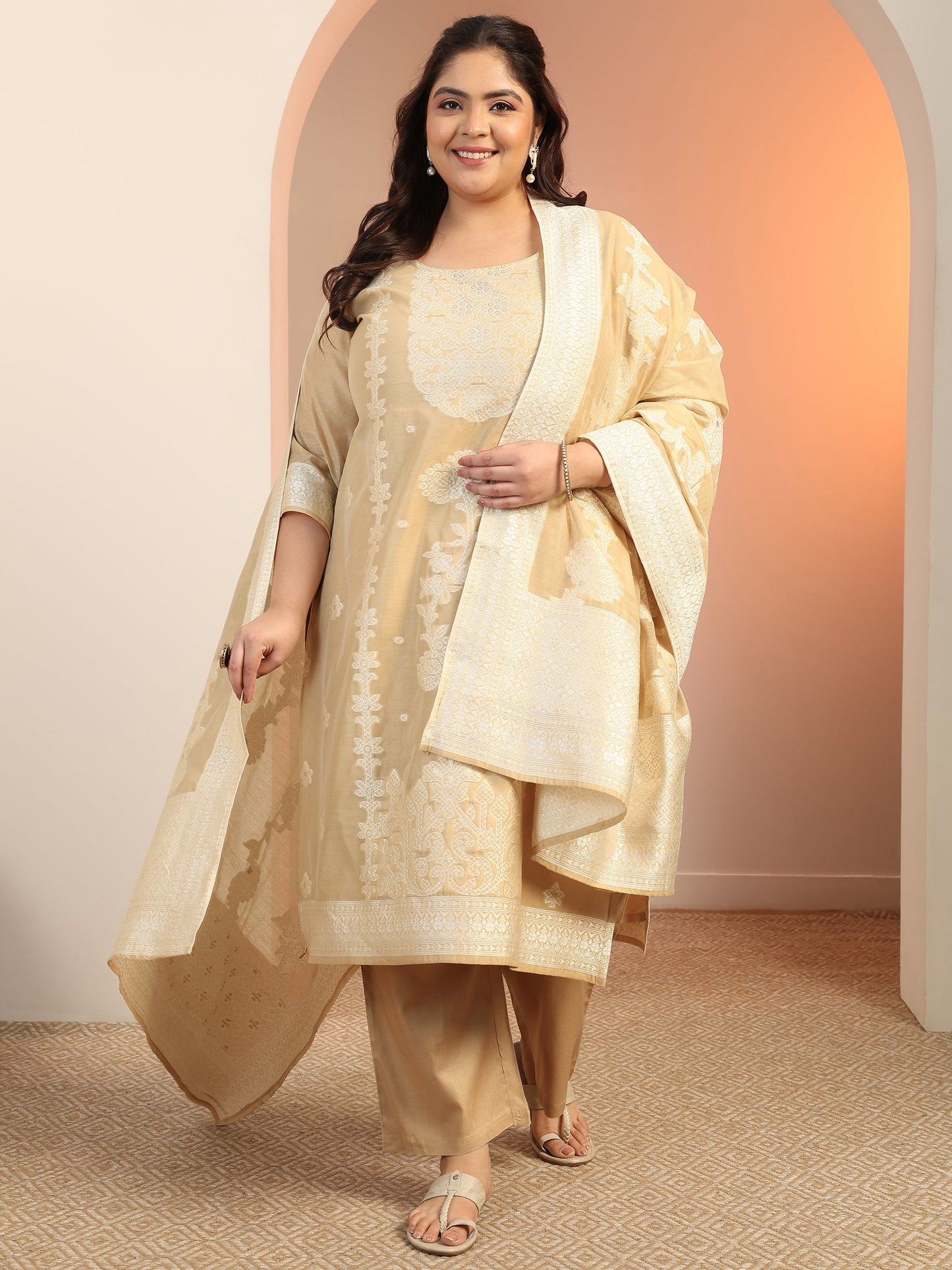 Plus Size Beige Woven Design Cotton Blend Straight Suit Set With Dupatta