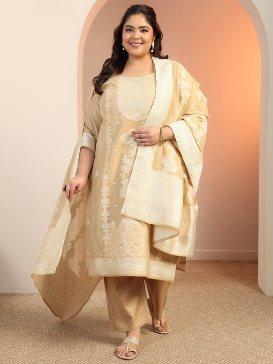 Plus Size Beige Woven Design Cotton Blend Straight Suit Set With Dupatta