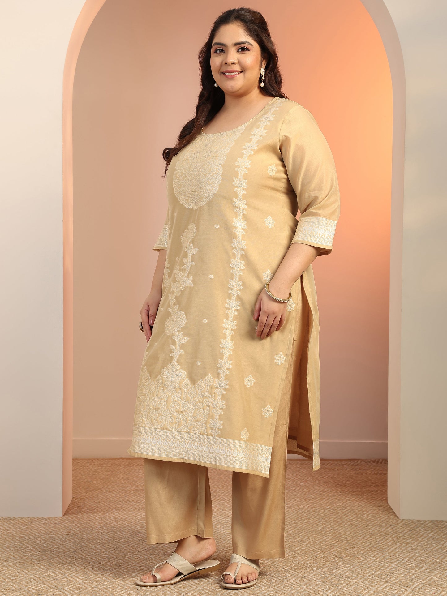 Plus Size Beige Woven Design Cotton Blend Straight Suit Set With Dupatta