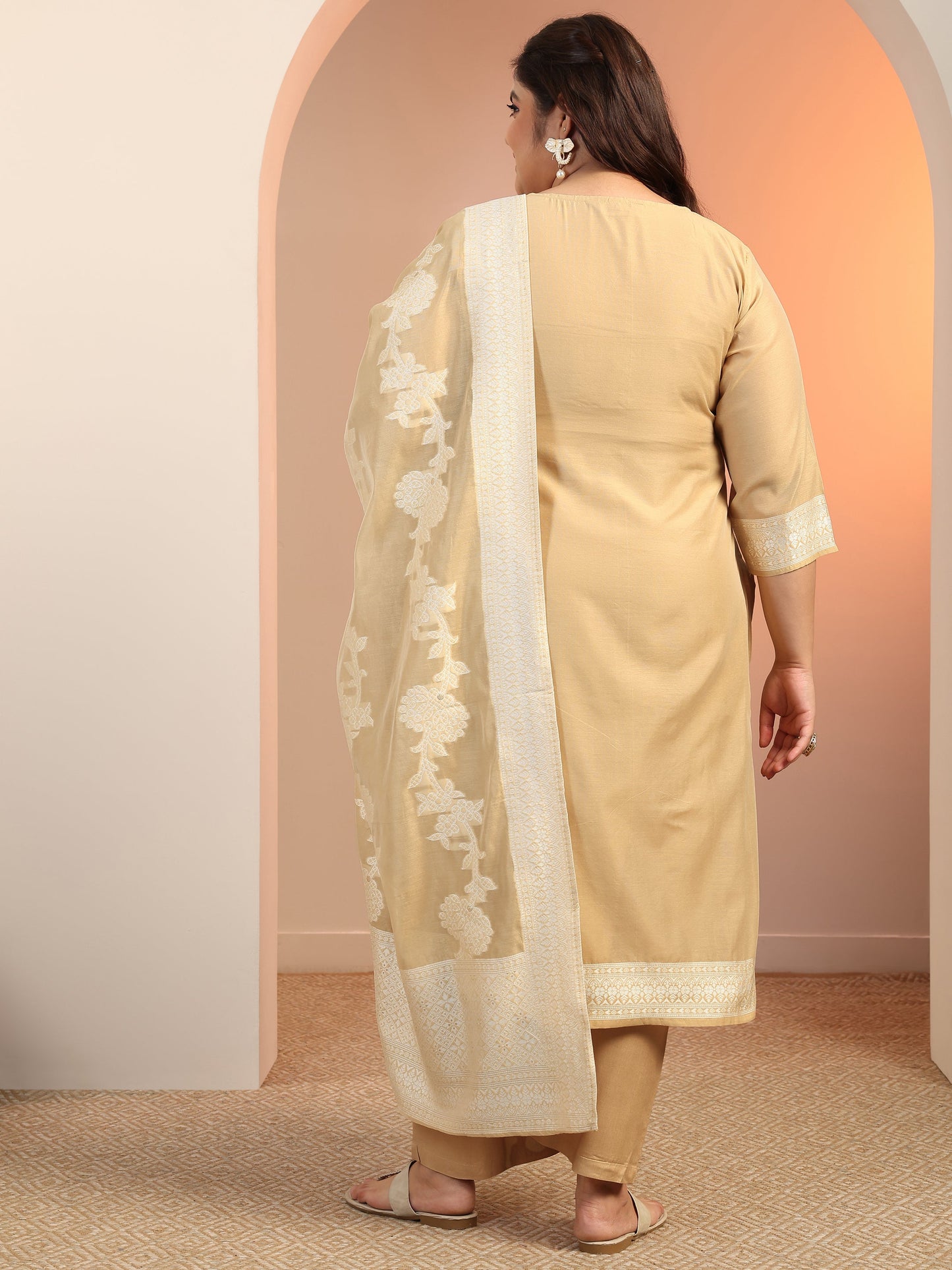 Plus Size Beige Woven Design Cotton Blend Straight Suit Set With Dupatta