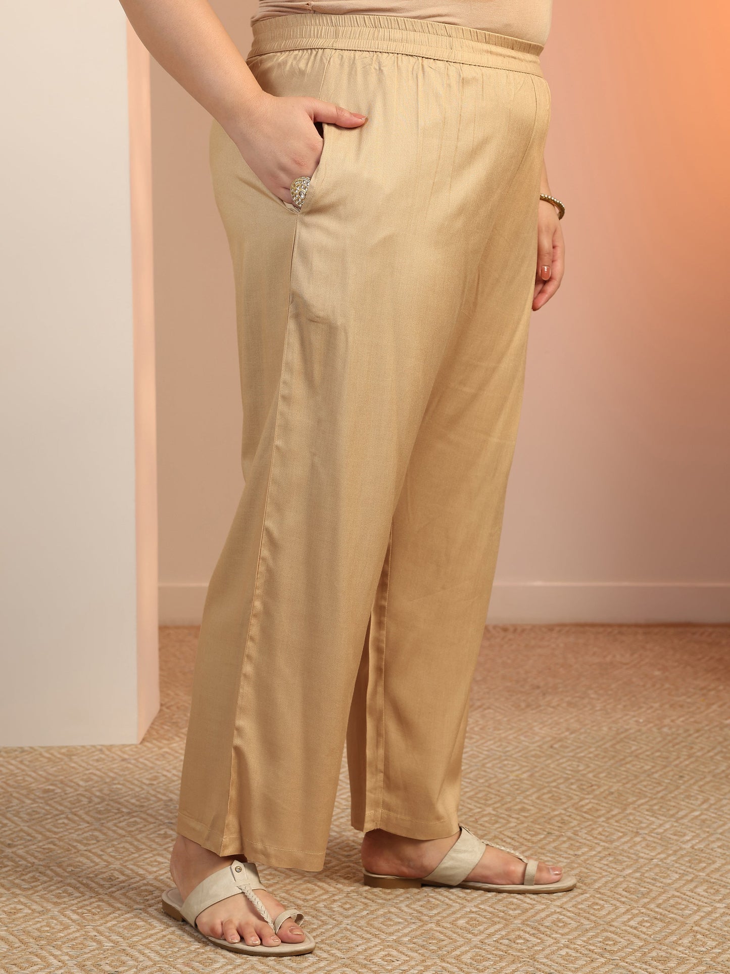 Plus Size Beige Woven Design Cotton Blend Straight Suit Set With Dupatta