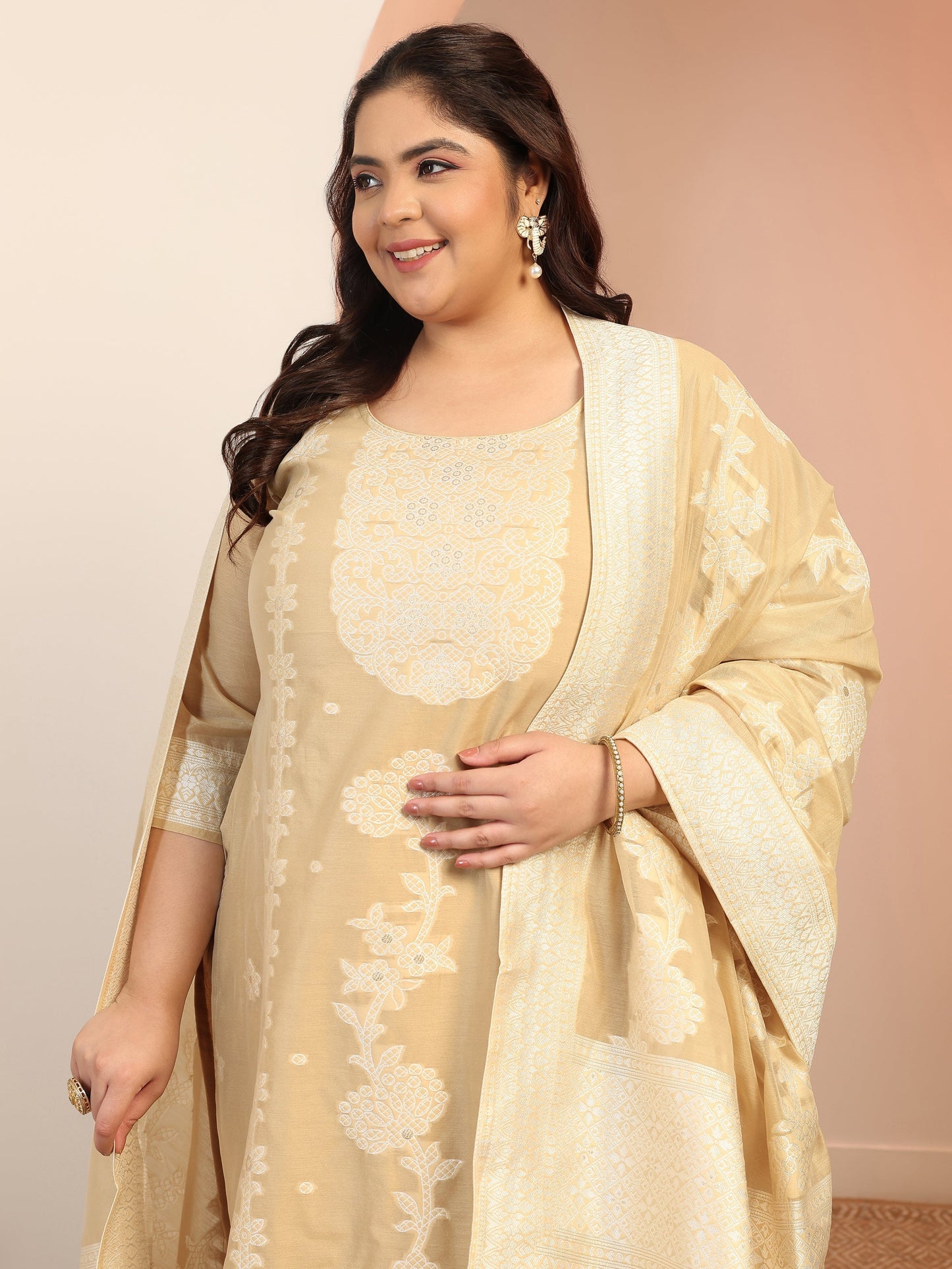 Plus Size Beige Woven Design Cotton Blend Straight Suit Set With Dupatta