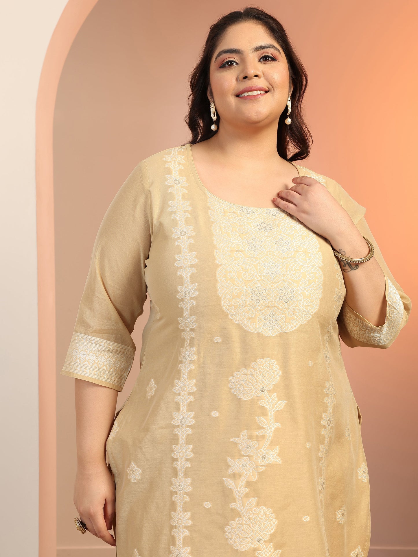 Plus Size Beige Woven Design Cotton Blend Straight Suit Set With Dupatta
