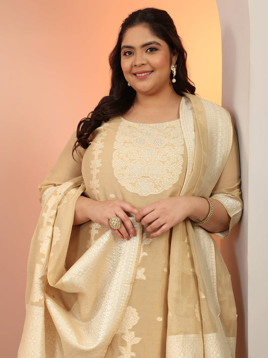 Plus Size Beige Woven Design Cotton Blend Straight Suit Set With Dupatta