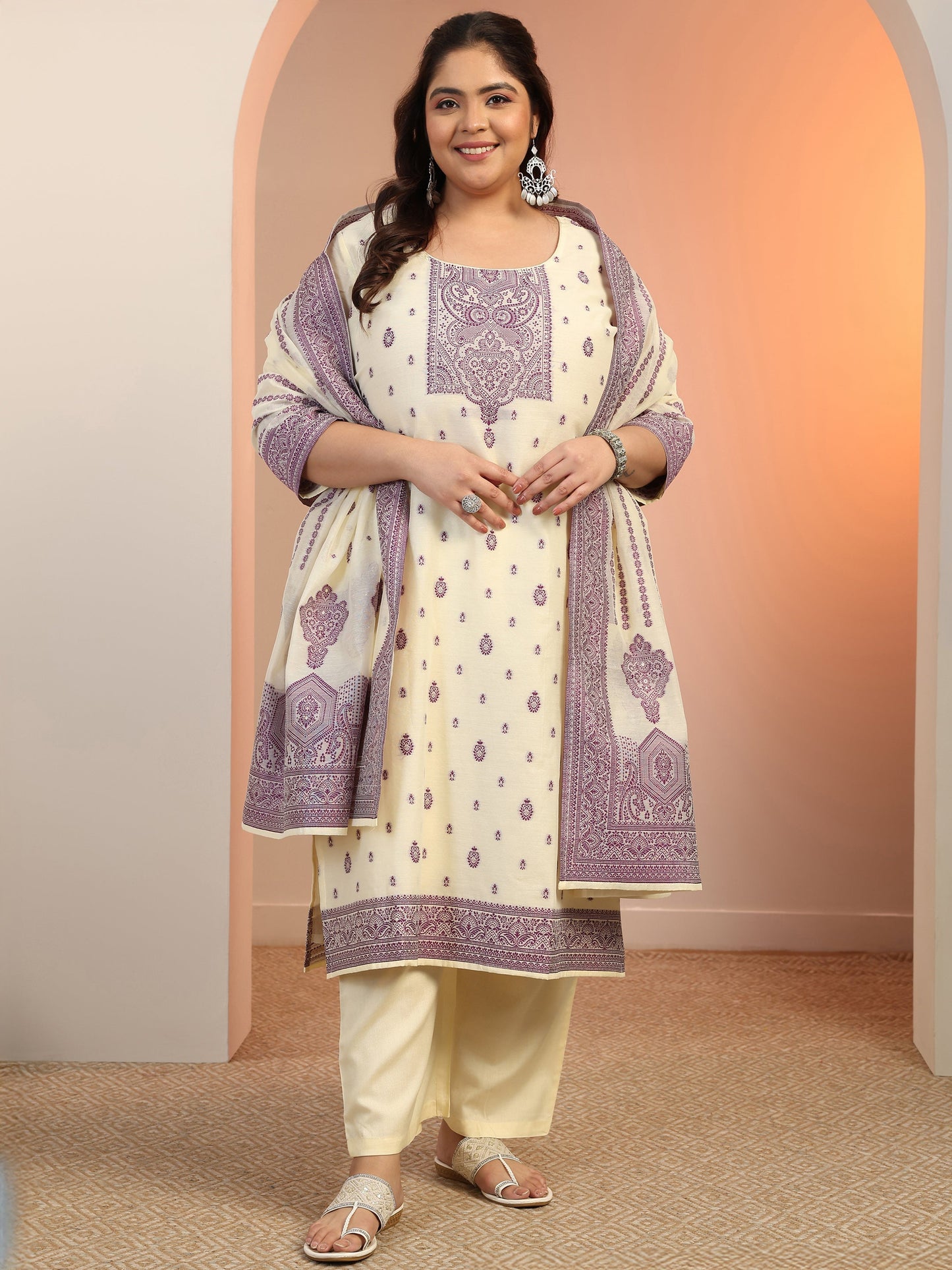 Plus Size Cream Woven Design Cotton Blend Straight Suit Set With Dupatta