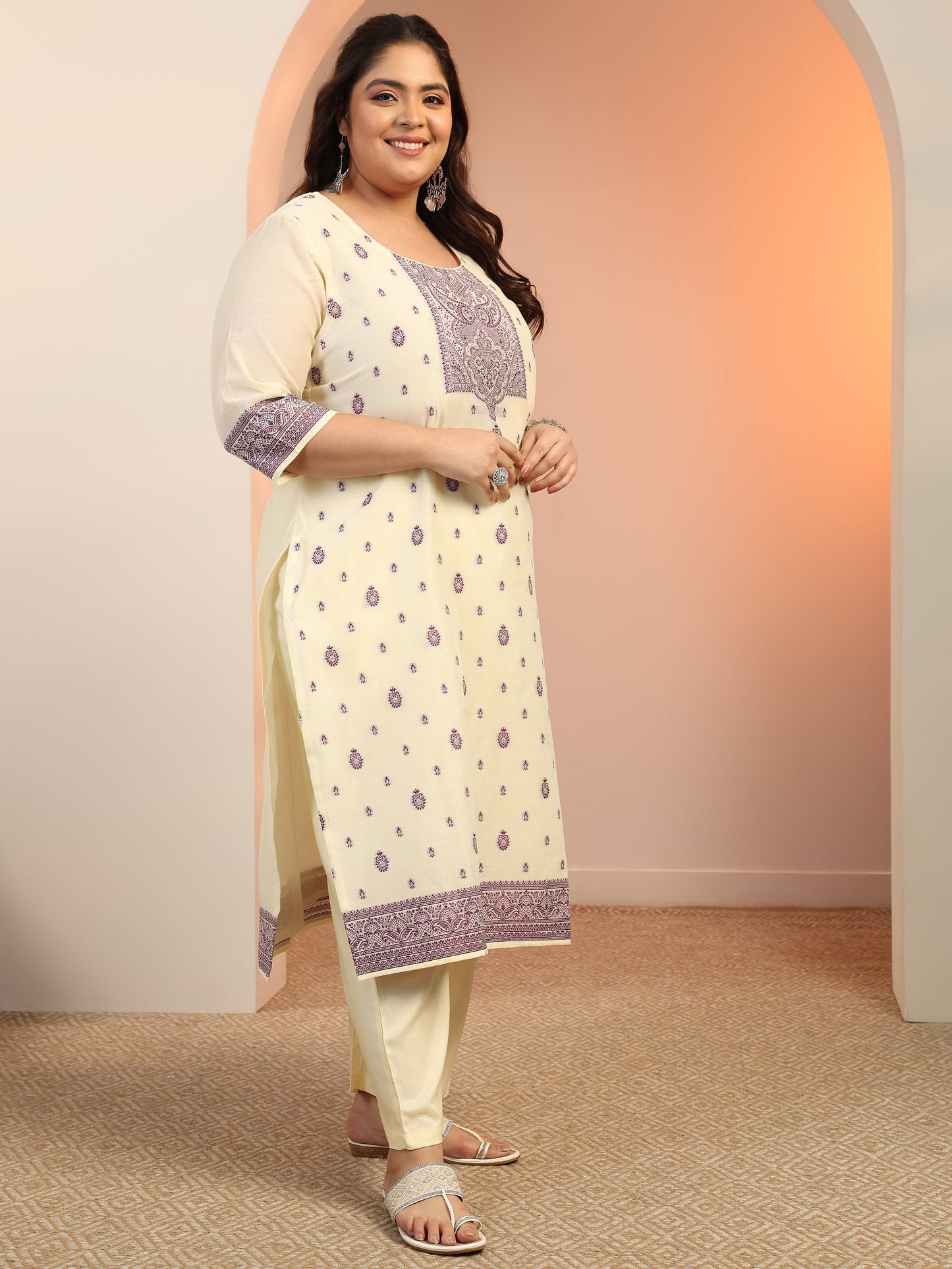 Plus Size Cream Woven Design Cotton Blend Straight Suit Set With Dupatta