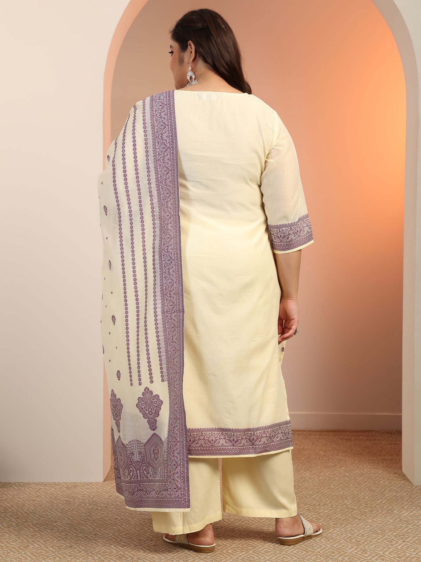 Plus Size Cream Woven Design Cotton Blend Straight Suit Set With Dupatta