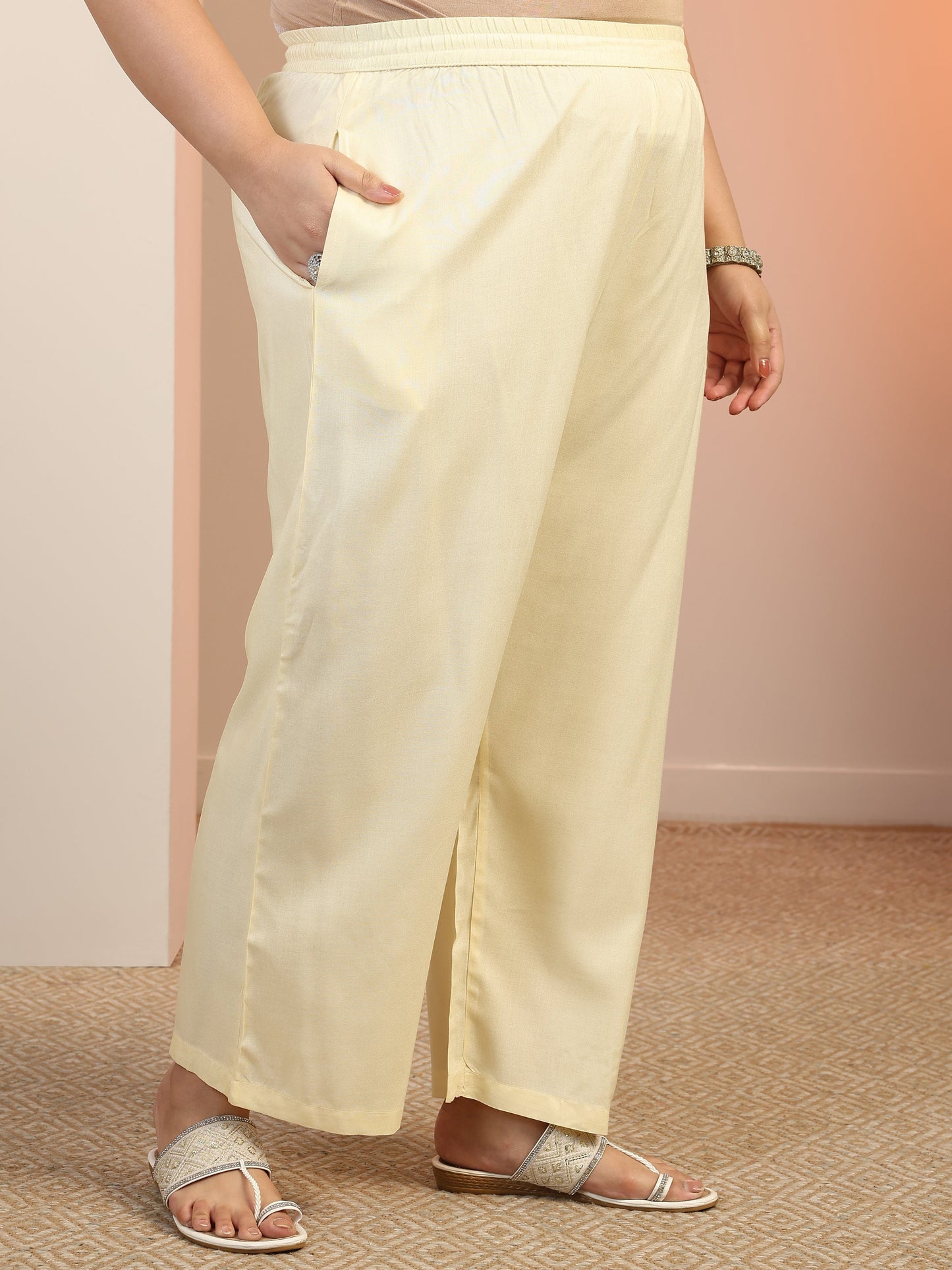 Plus Size Cream Woven Design Cotton Blend Straight Suit Set With Dupatta