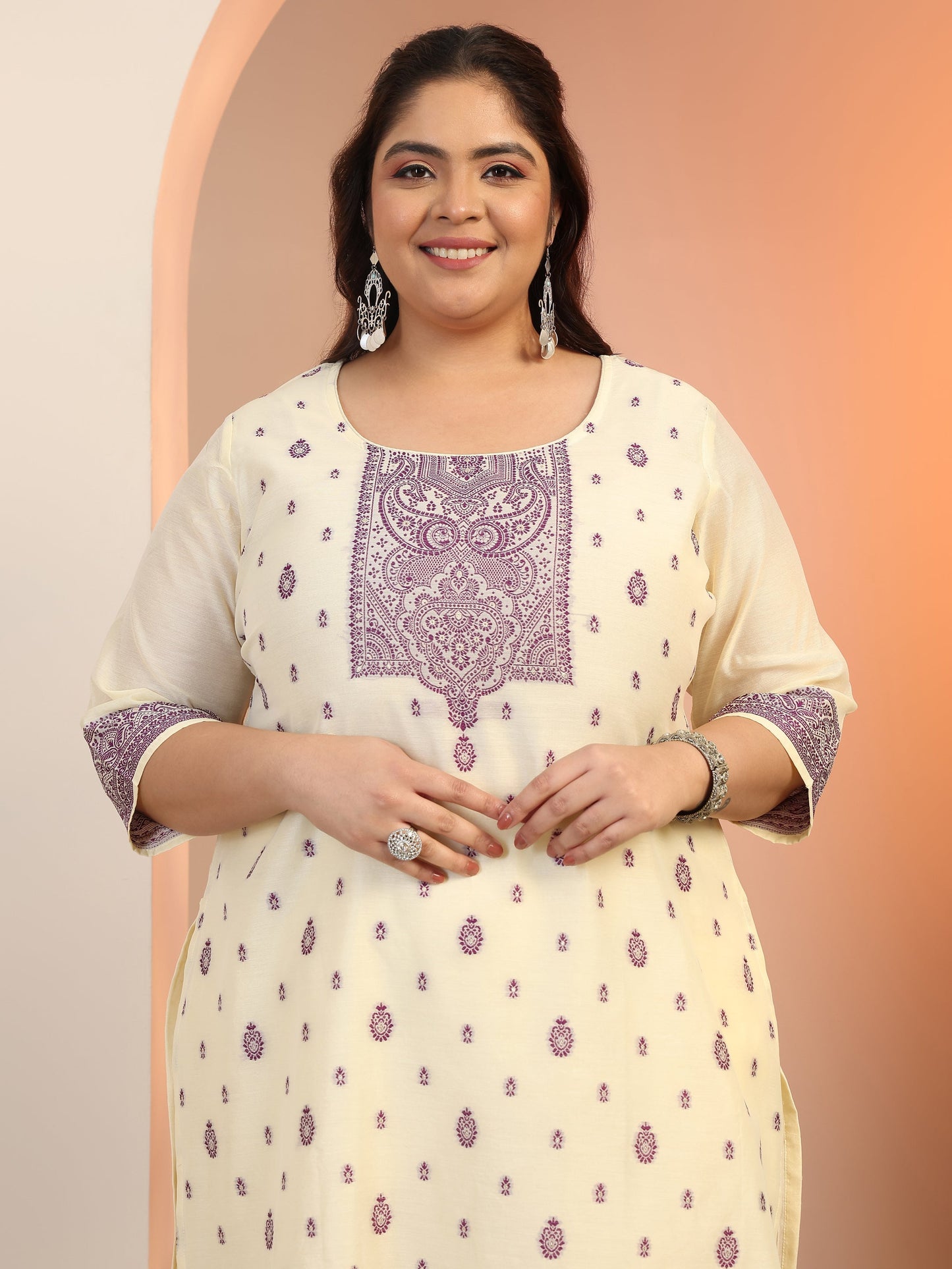 Plus Size Cream Woven Design Cotton Blend Straight Suit Set With Dupatta