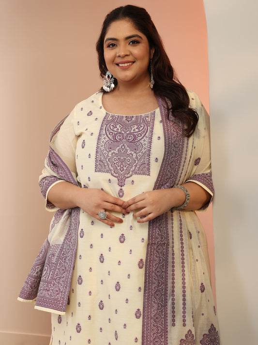 Plus Size Cream Woven Design Cotton Blend Straight Suit Set With Dupatta