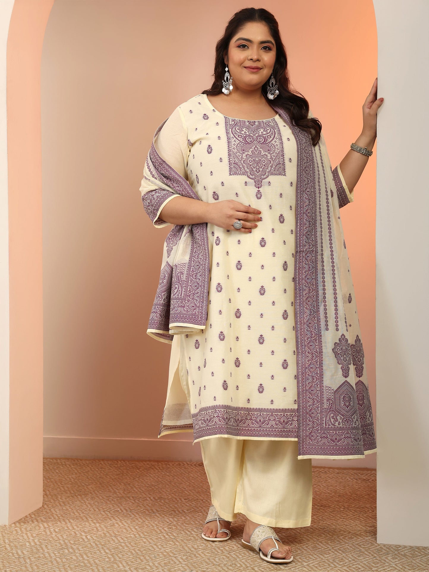 Plus Size Cream Woven Design Cotton Blend Straight Suit Set With Dupatta