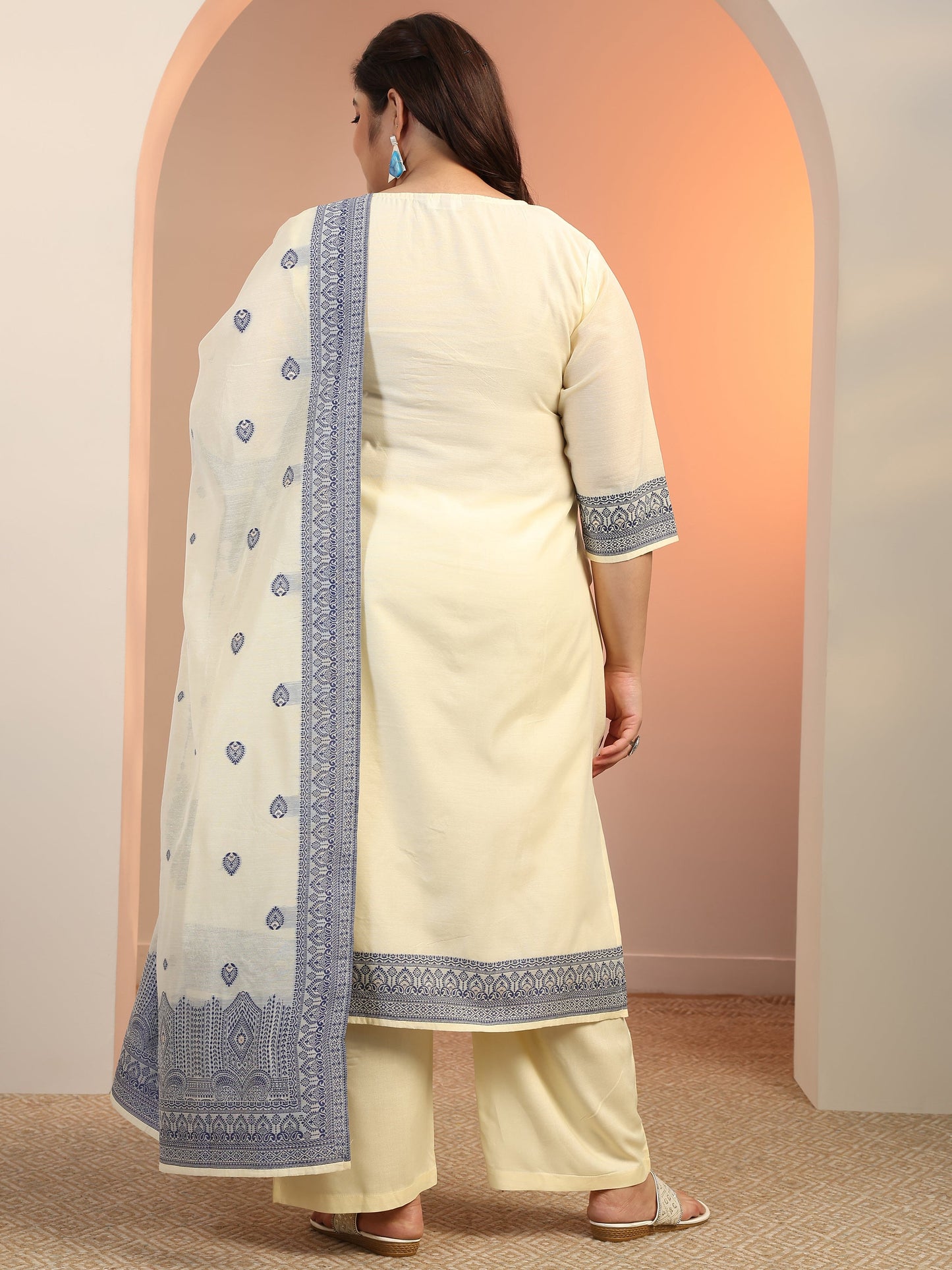 Plus Size Cream Woven Design Cotton Blend Straight Suit Set With Dupatta