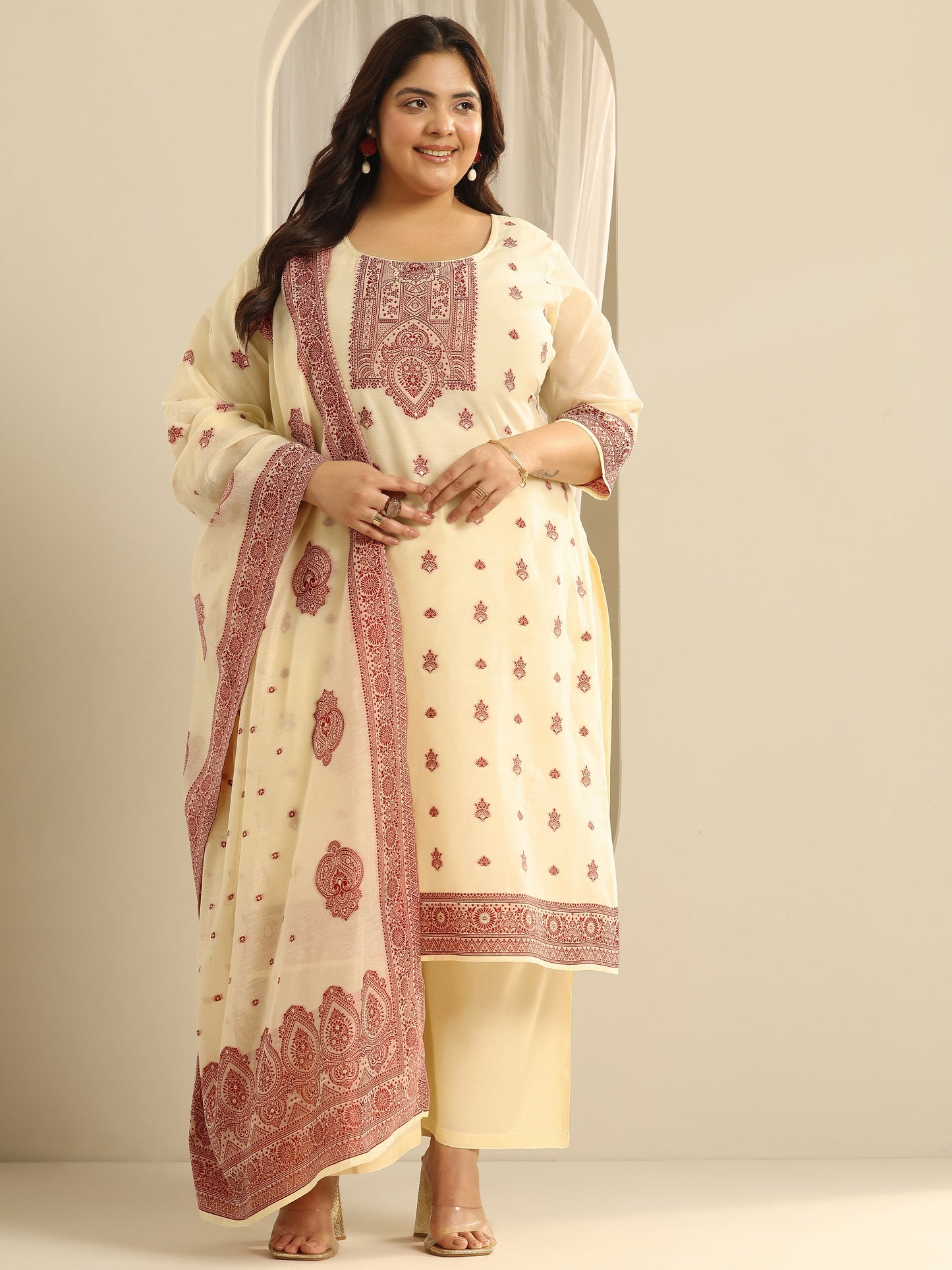 Plus Size Cream Woven Design Cotton Blend Straight Suit Set With Dupatta