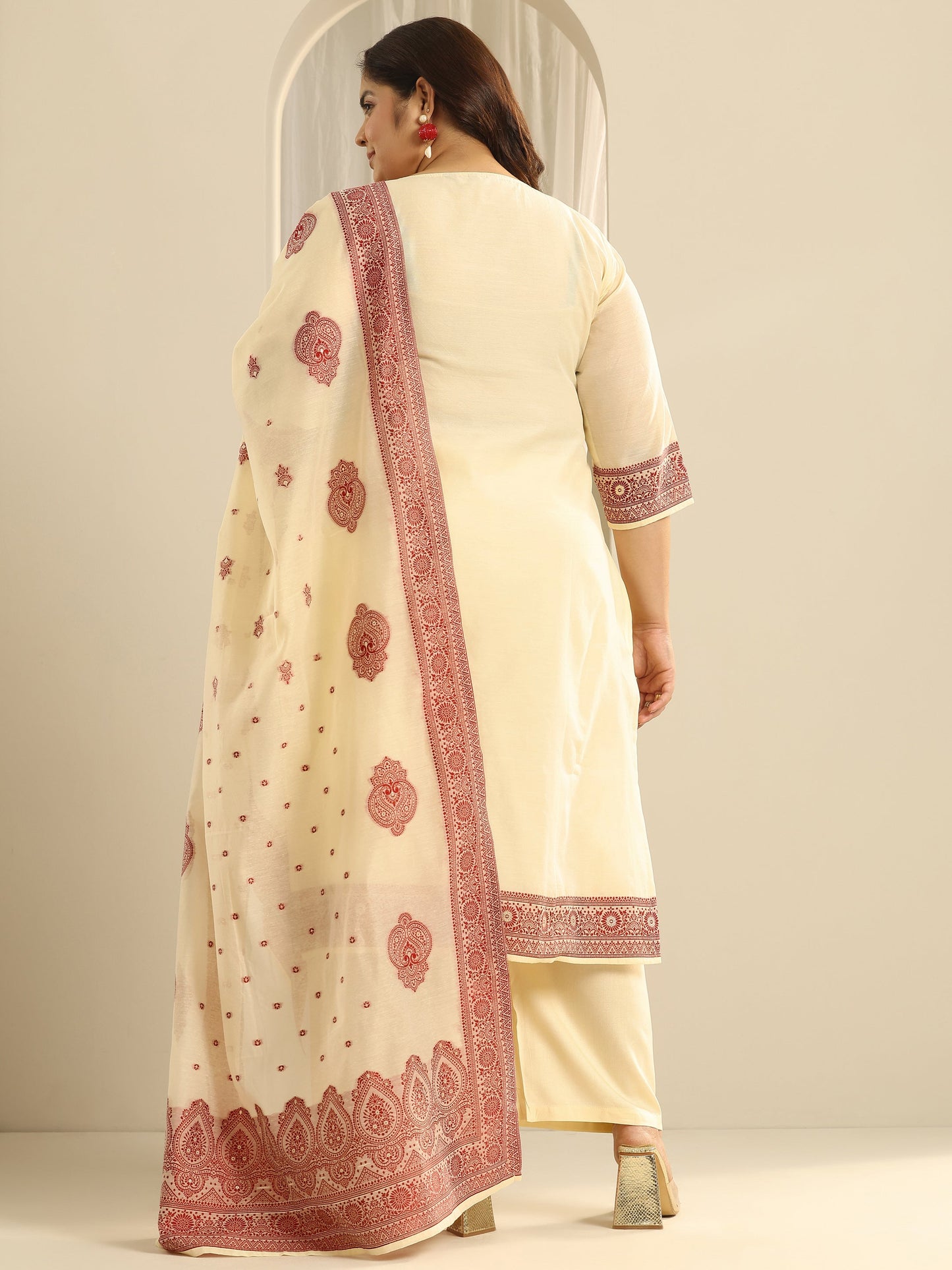 Plus Size Cream Woven Design Cotton Blend Straight Suit Set With Dupatta