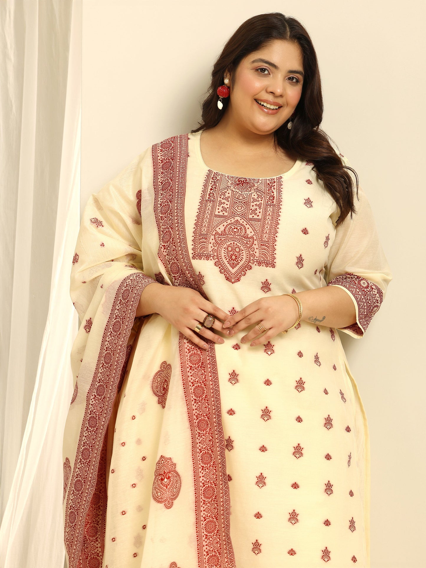 Plus Size Cream Woven Design Cotton Blend Straight Suit Set With Dupatta