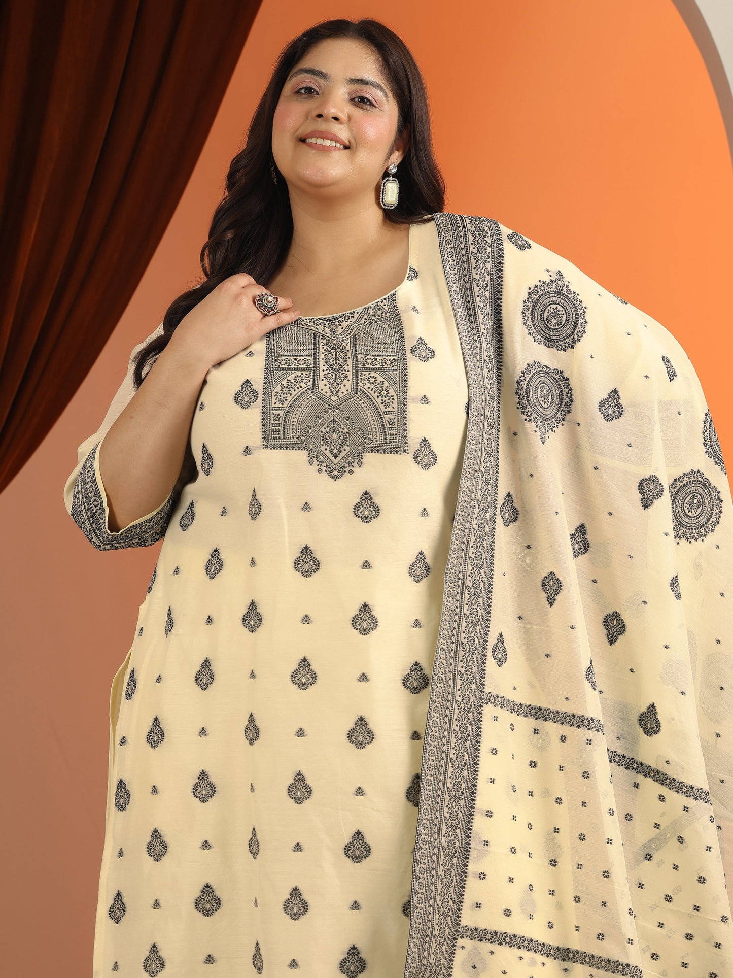 Plus Size Cream Woven Design Cotton Blend Straight Suit Set With Dupatta