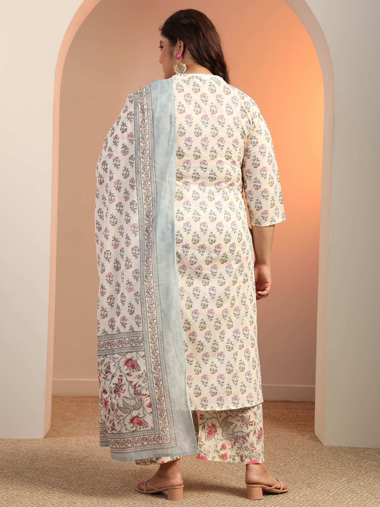 Plus Size Off white Floral Printed Cotton Straight Suit Set With Dupatta