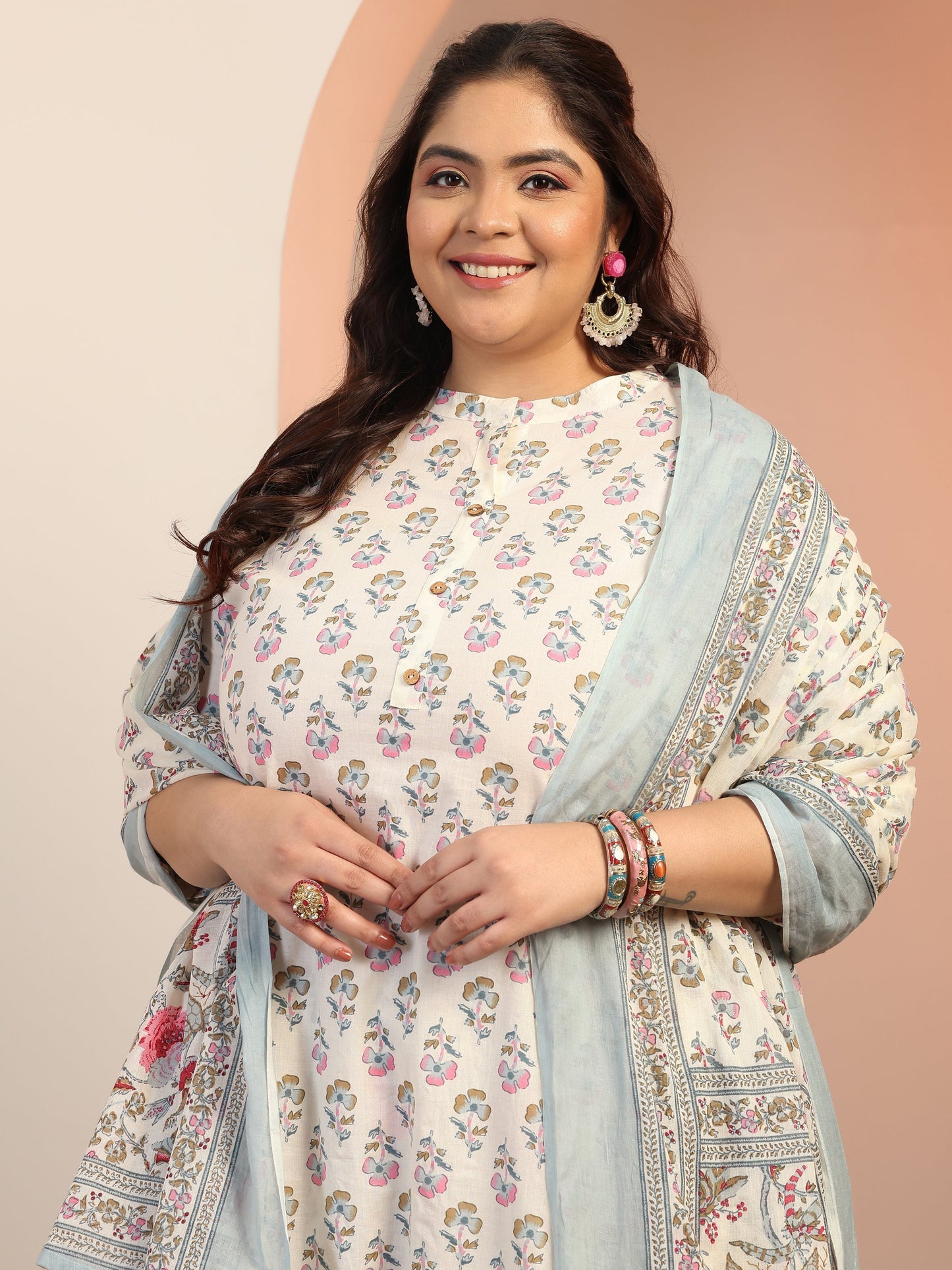 Plus Size Off white Floral Printed Cotton Straight Suit Set With Dupatta
