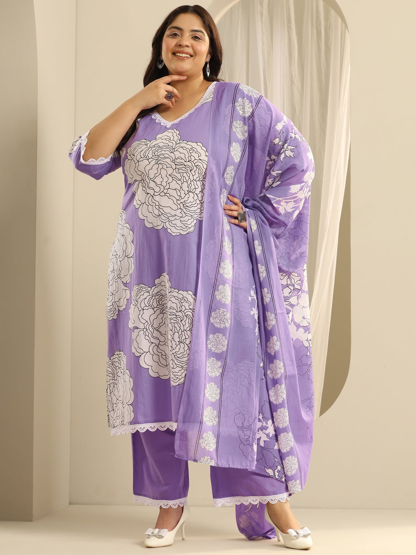 Plus Size Lavender Printed Cotton Straight Suit Set With Dupatta