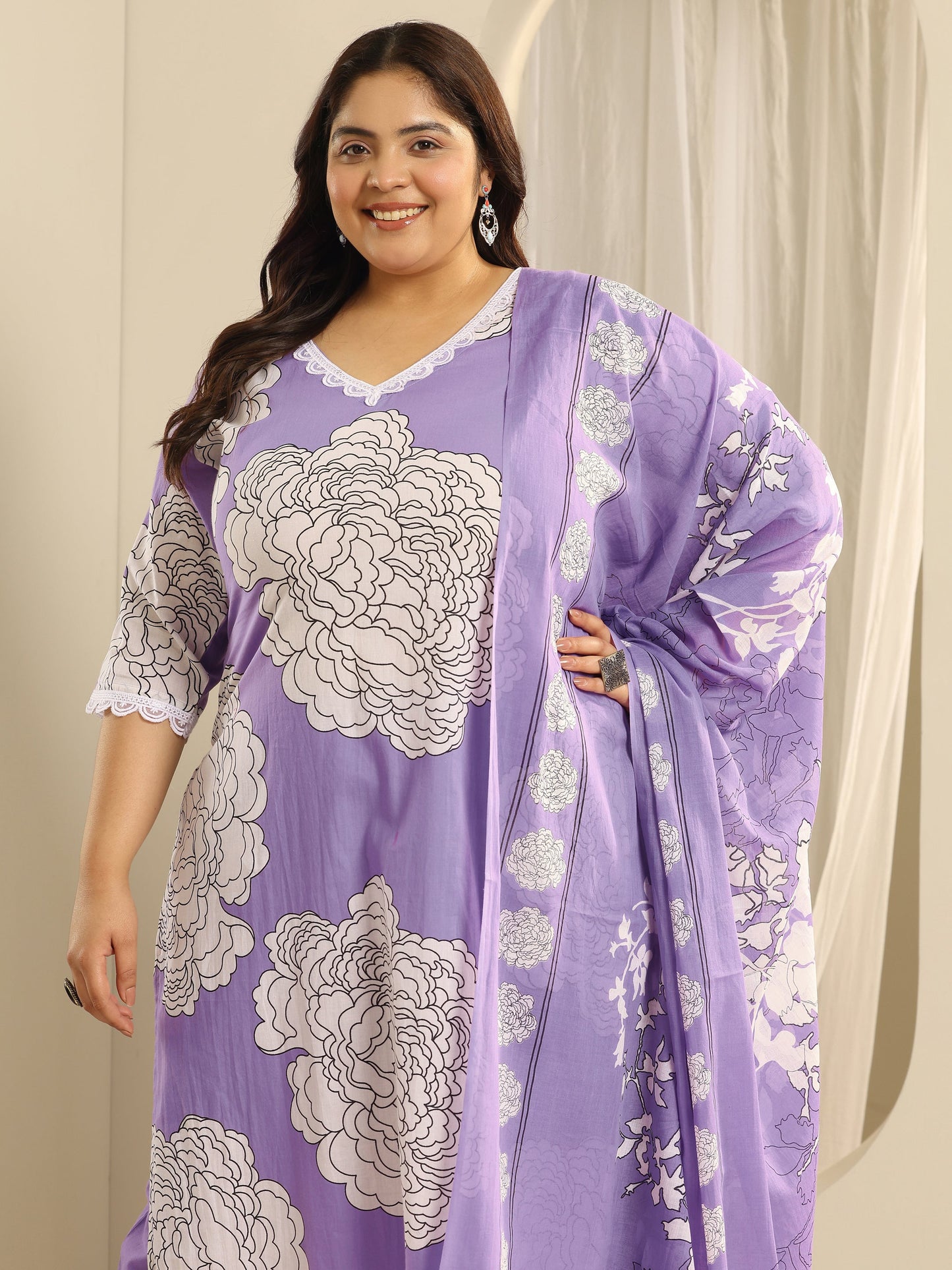 Plus Size Lavender Printed Cotton Straight Suit Set With Dupatta