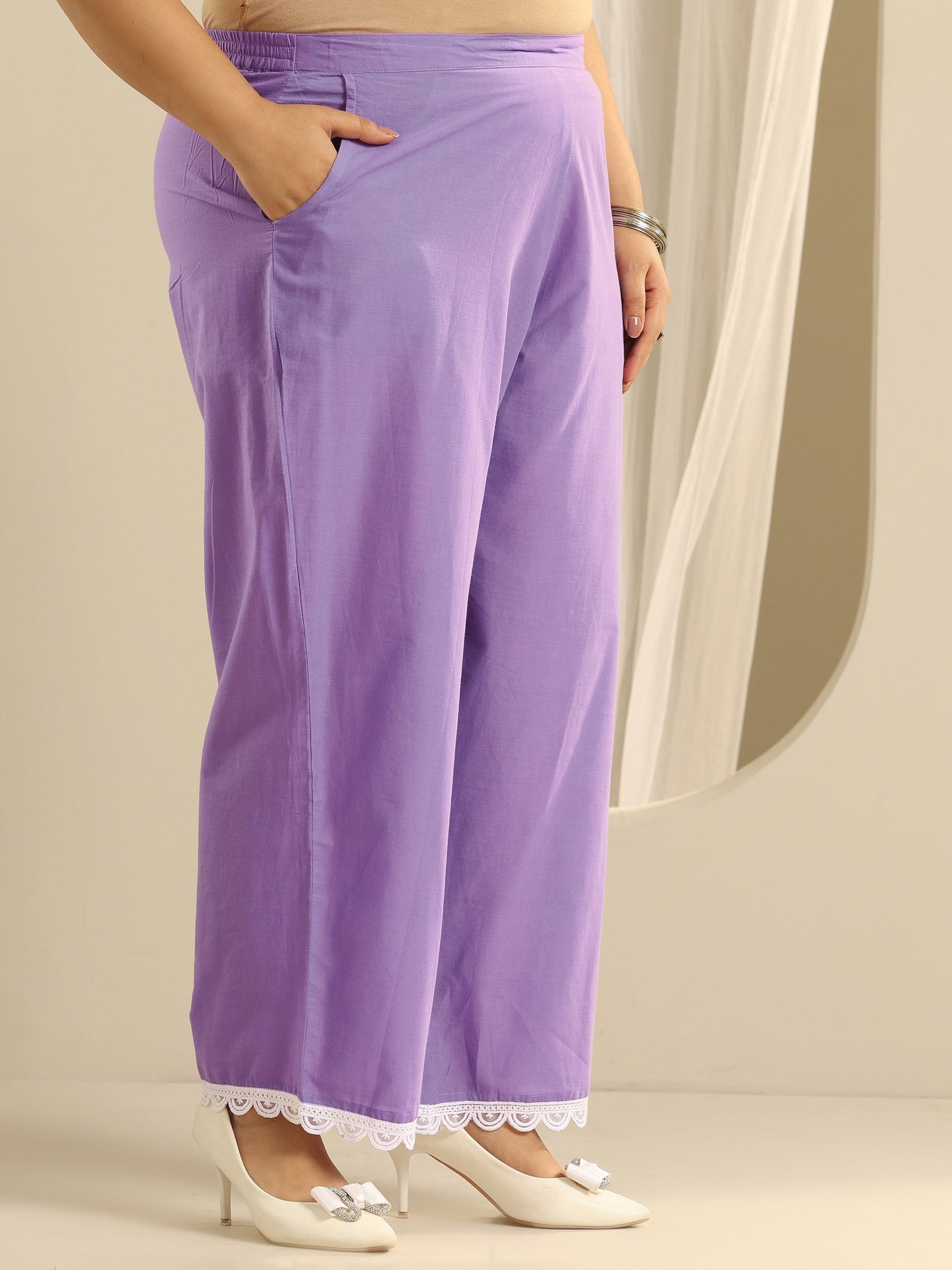 Plus Size Lavender Printed Cotton Straight Suit Set With Dupatta