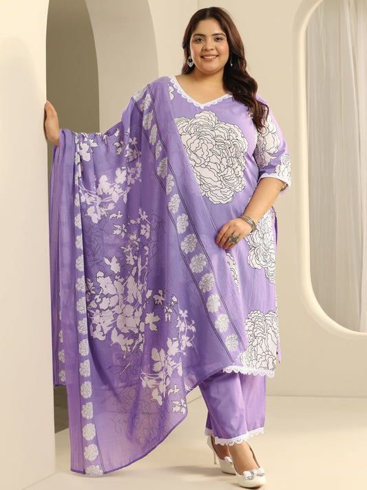 Plus Size Lavender Printed Cotton Straight Suit Set With Dupatta