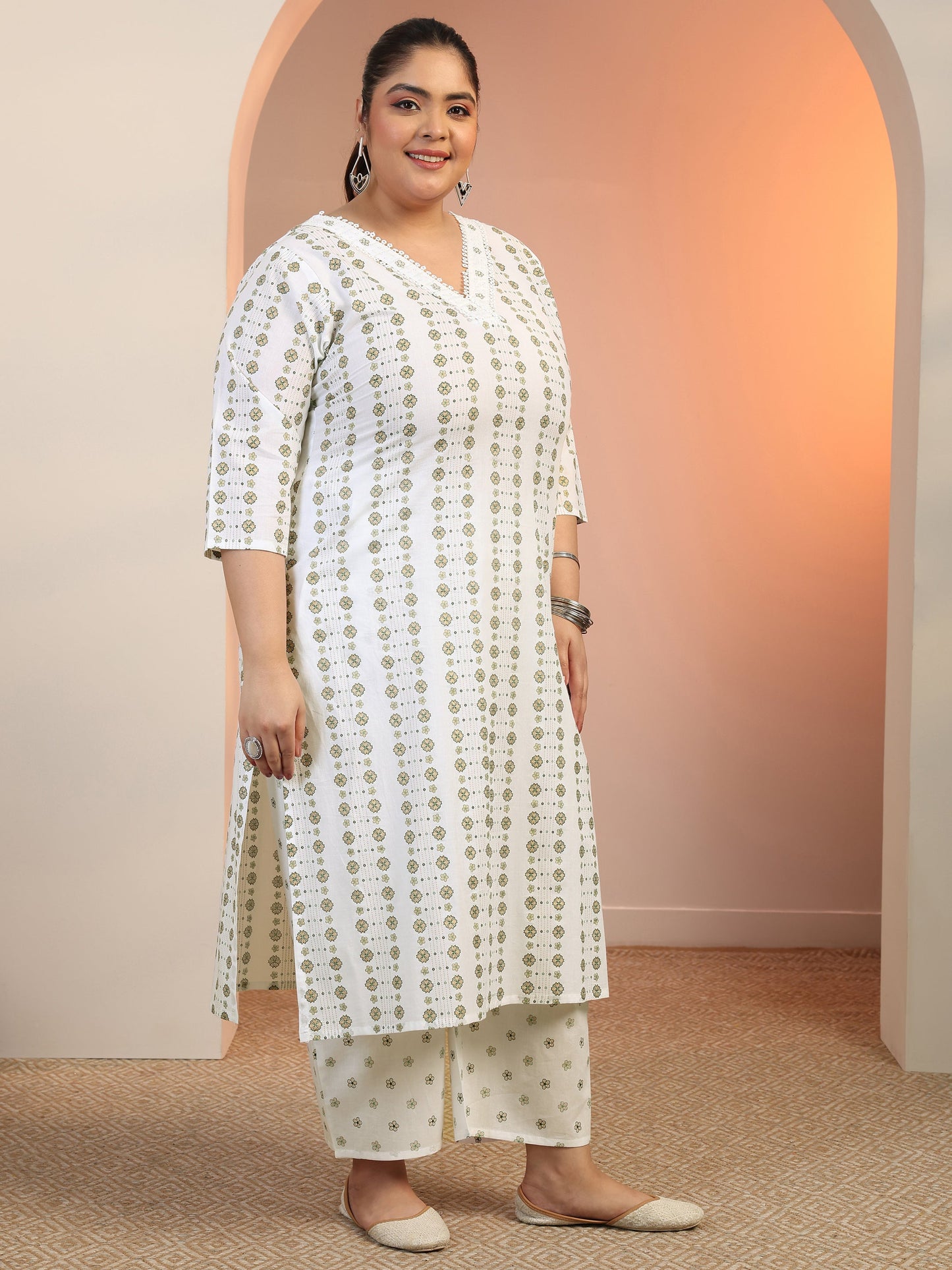 Plus Size Off white Printed Cotton Straight Suit Set With Dupatta