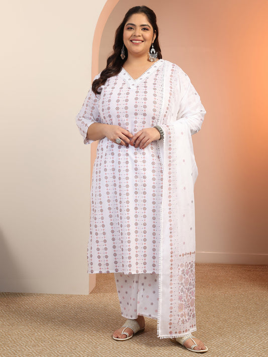 Plus Size Off white Printed Cotton Straight Suit Set With Dupatta