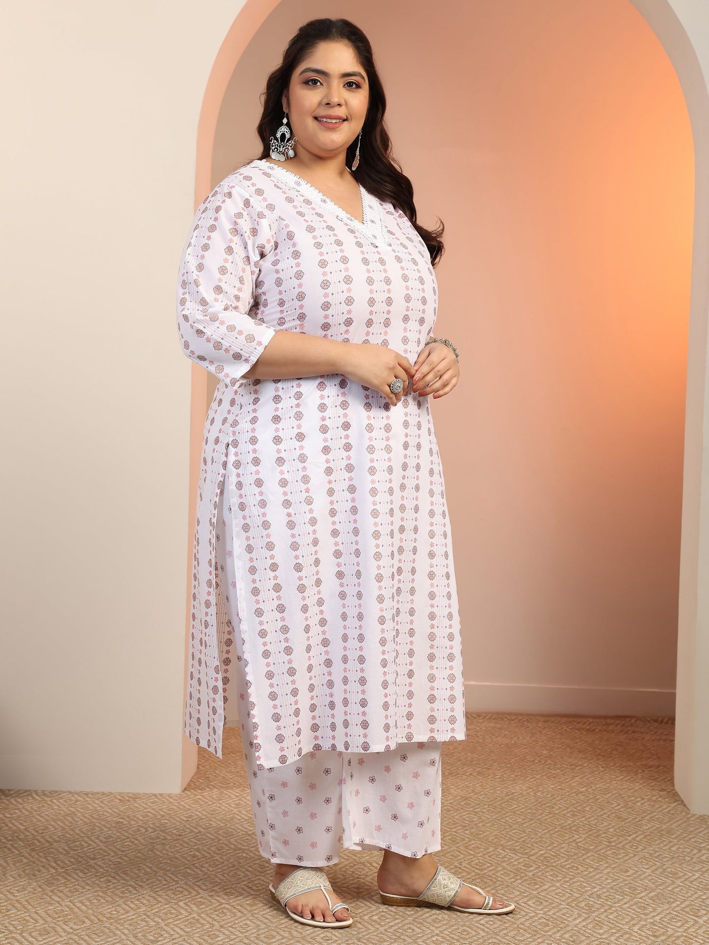 Plus Size Off white Printed Cotton Straight Suit Set With Dupatta