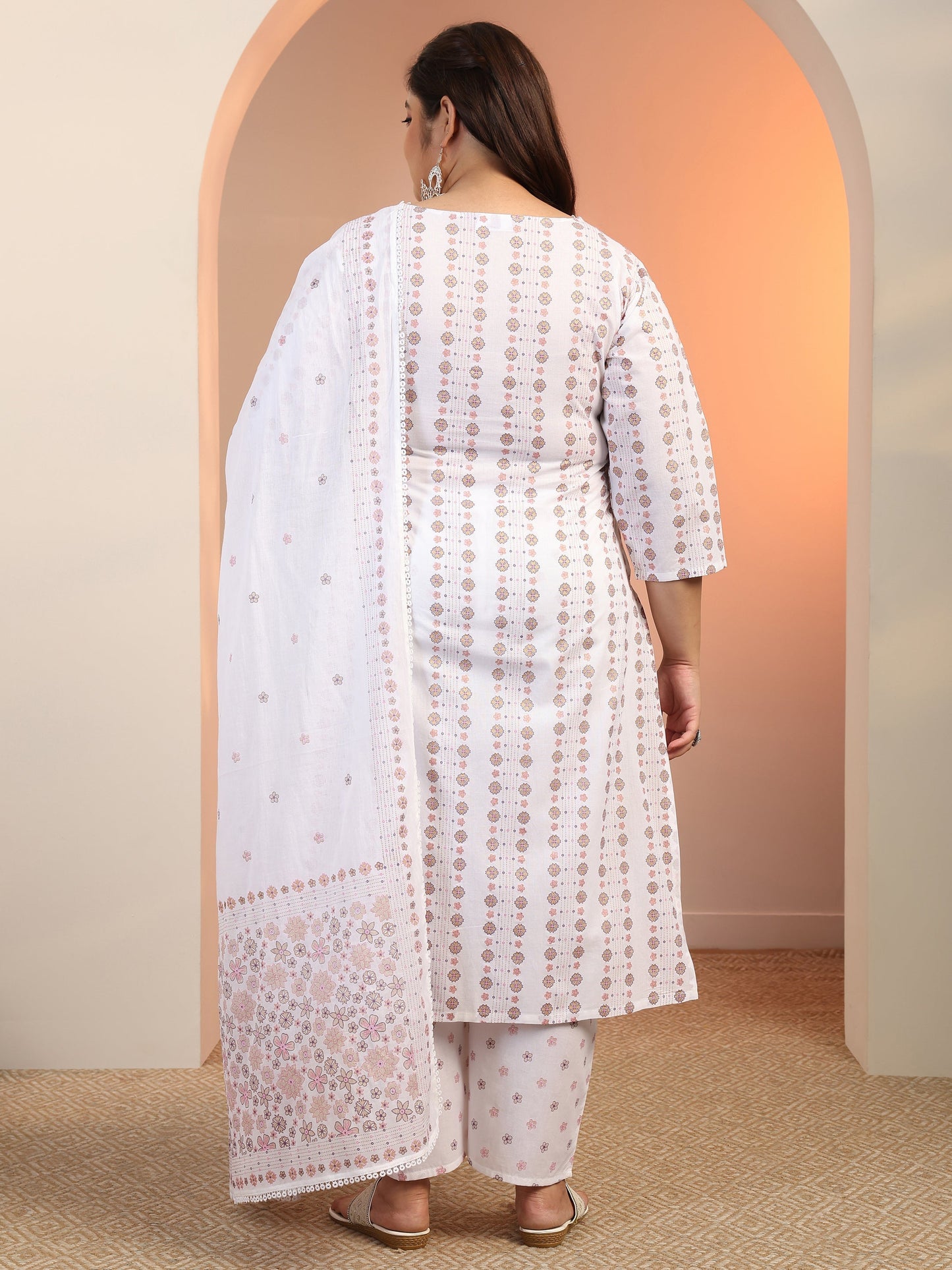 Plus Size Off white Printed Cotton Straight Suit Set With Dupatta