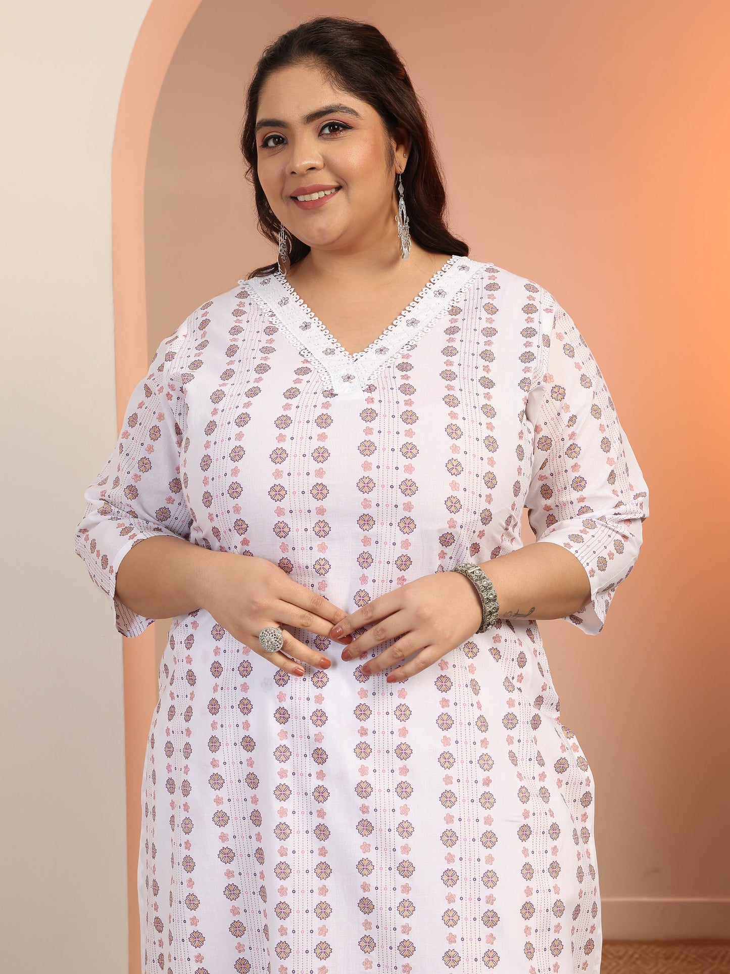 Plus Size Off white Printed Cotton Straight Suit Set With Dupatta