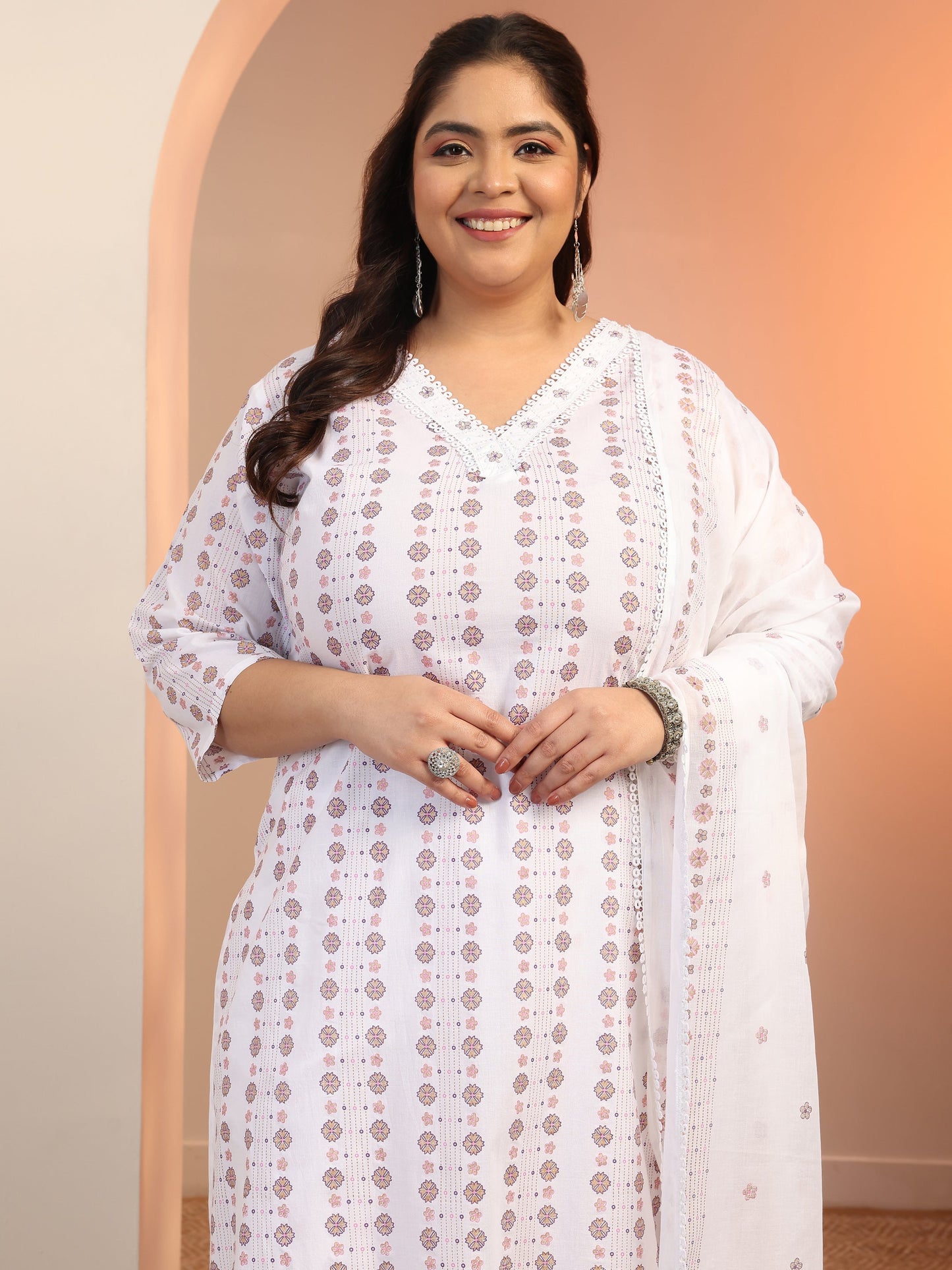Plus Size Off white Printed Cotton Straight Suit Set With Dupatta
