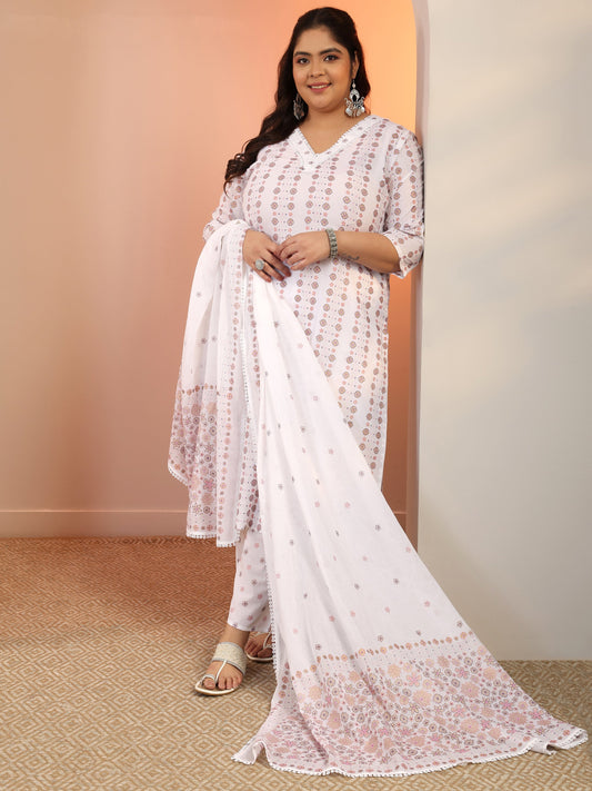 Plus Size Off white Printed Cotton Straight Suit Set With Dupatta