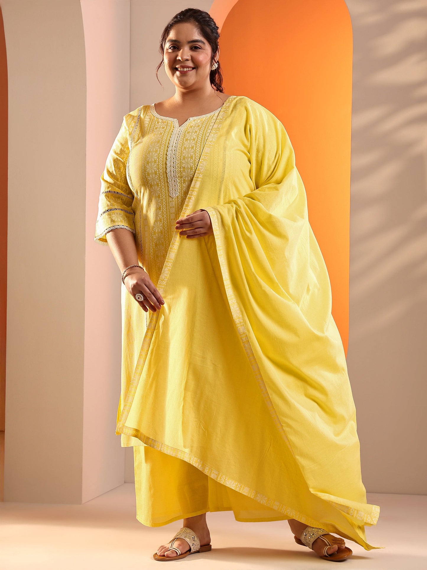 Plus Size Yellow Printed Rayon Straight Suit Set With Dupatta