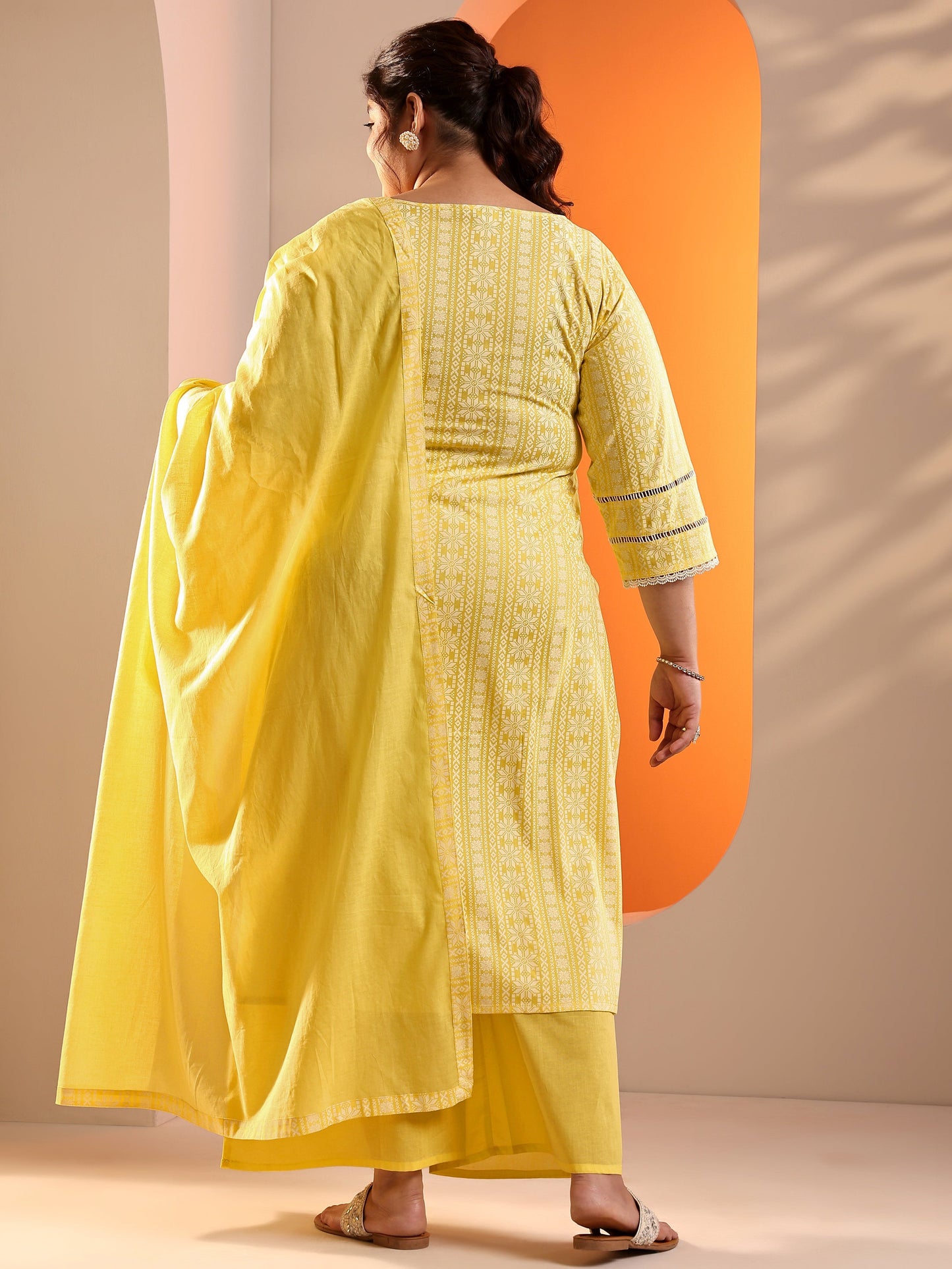 Plus Size Yellow Printed Rayon Straight Suit Set With Dupatta