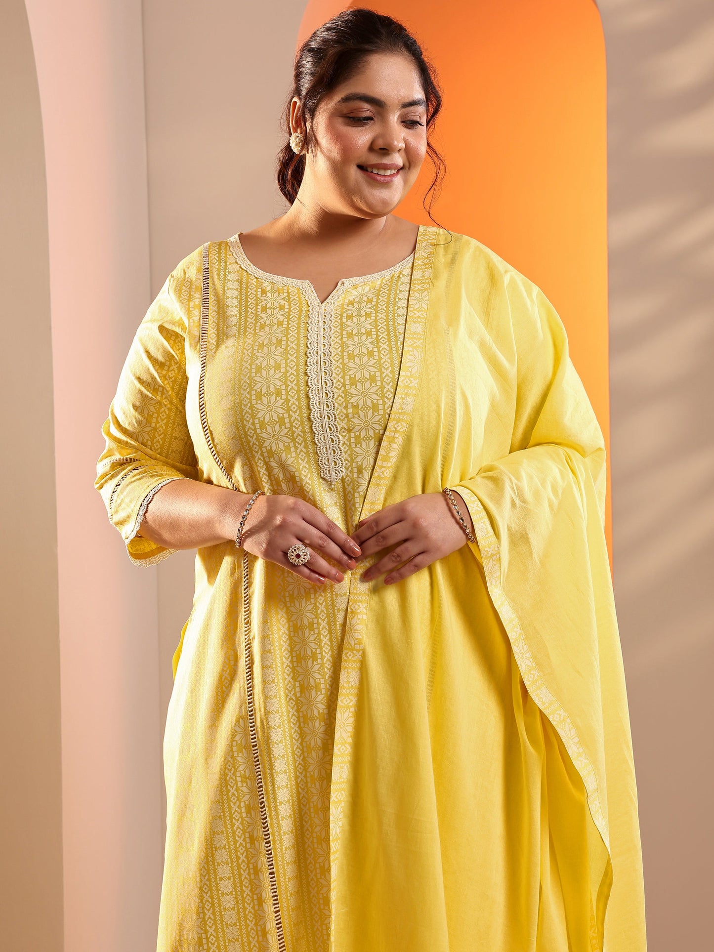 Plus Size Yellow Printed Rayon Straight Suit Set With Dupatta